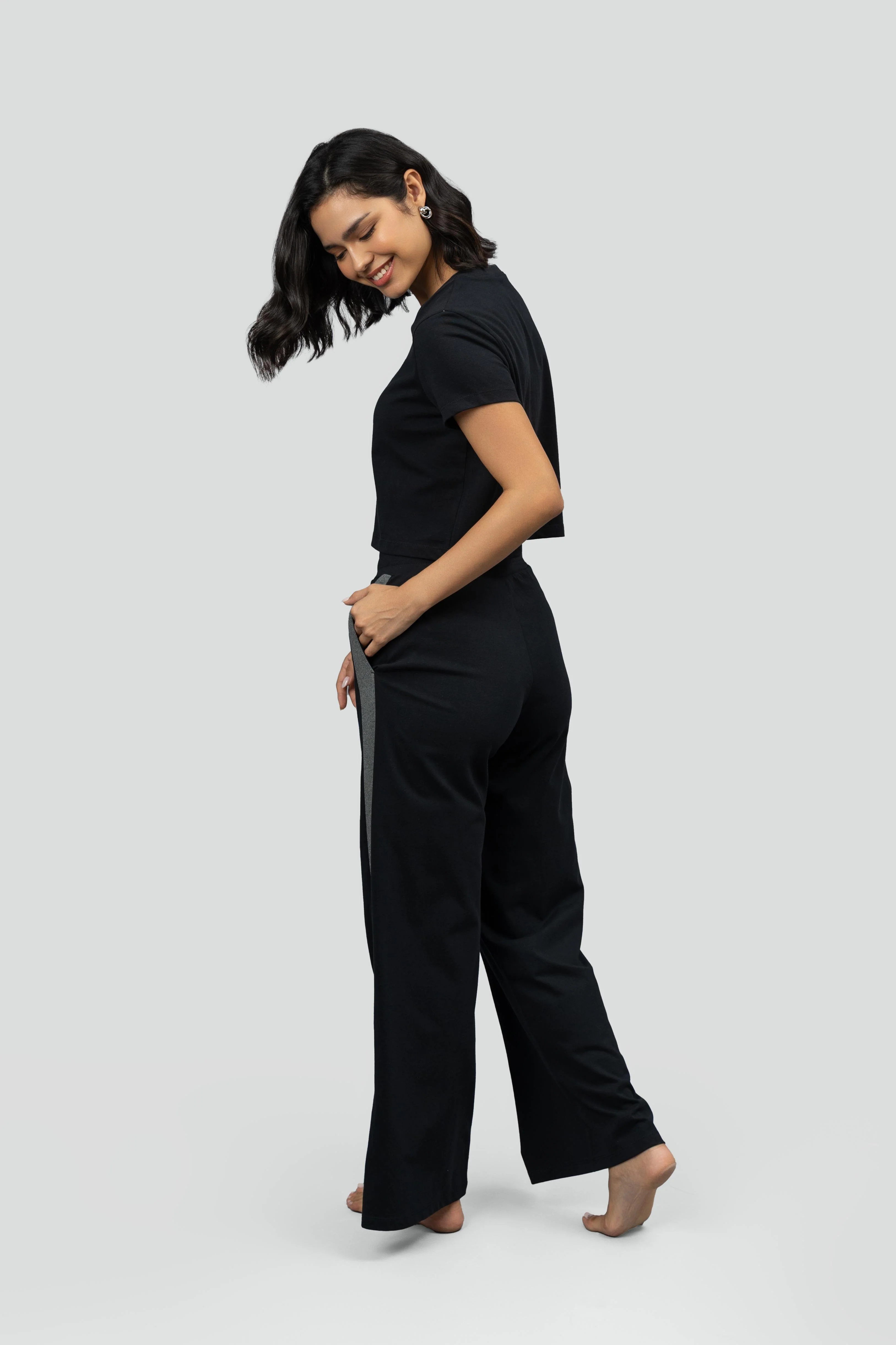 Black Soft Cotton Side Slit Flare Lounge Set - Image 11