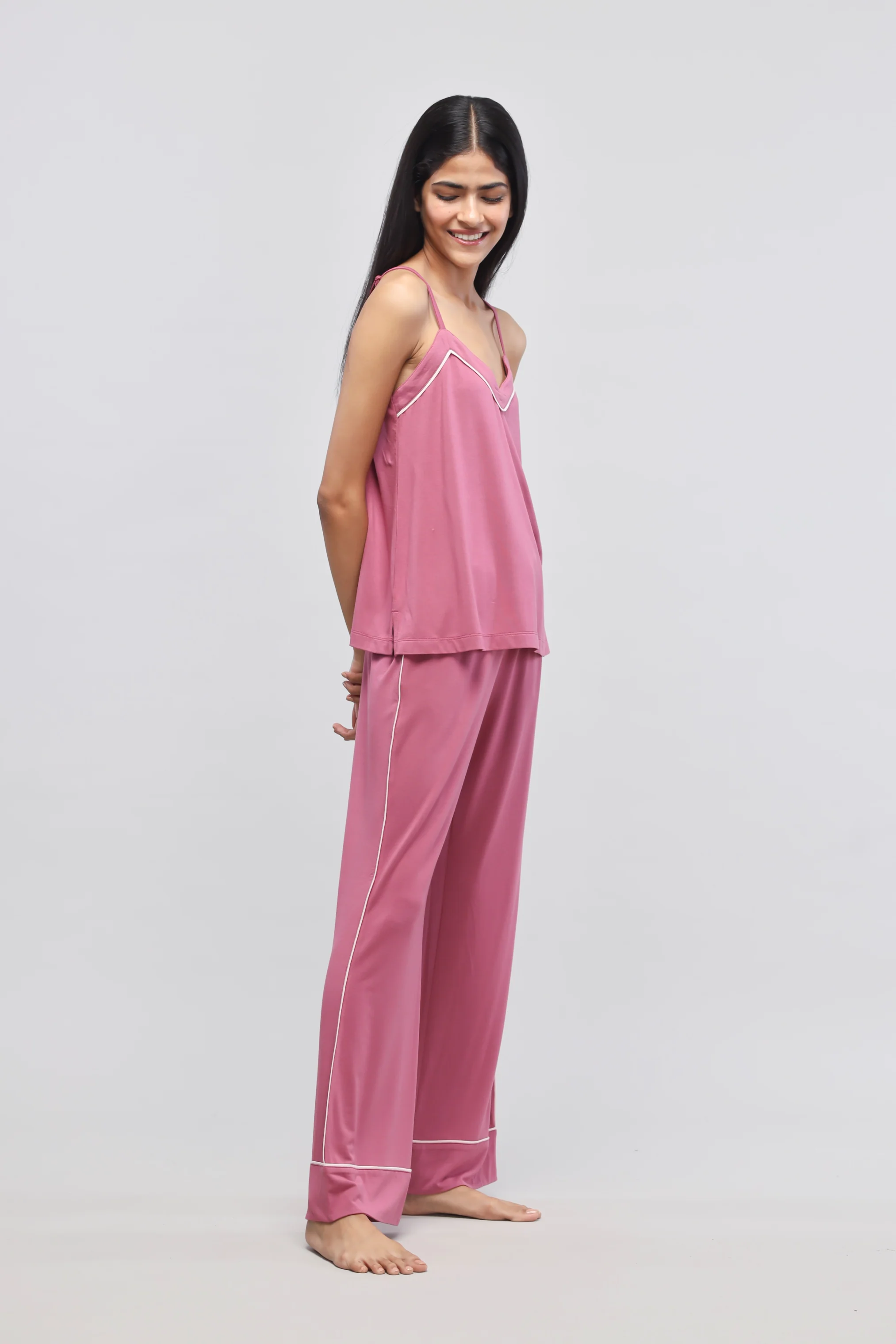 Rosy Pink Button Down Piping Tank Top Set - Image 3