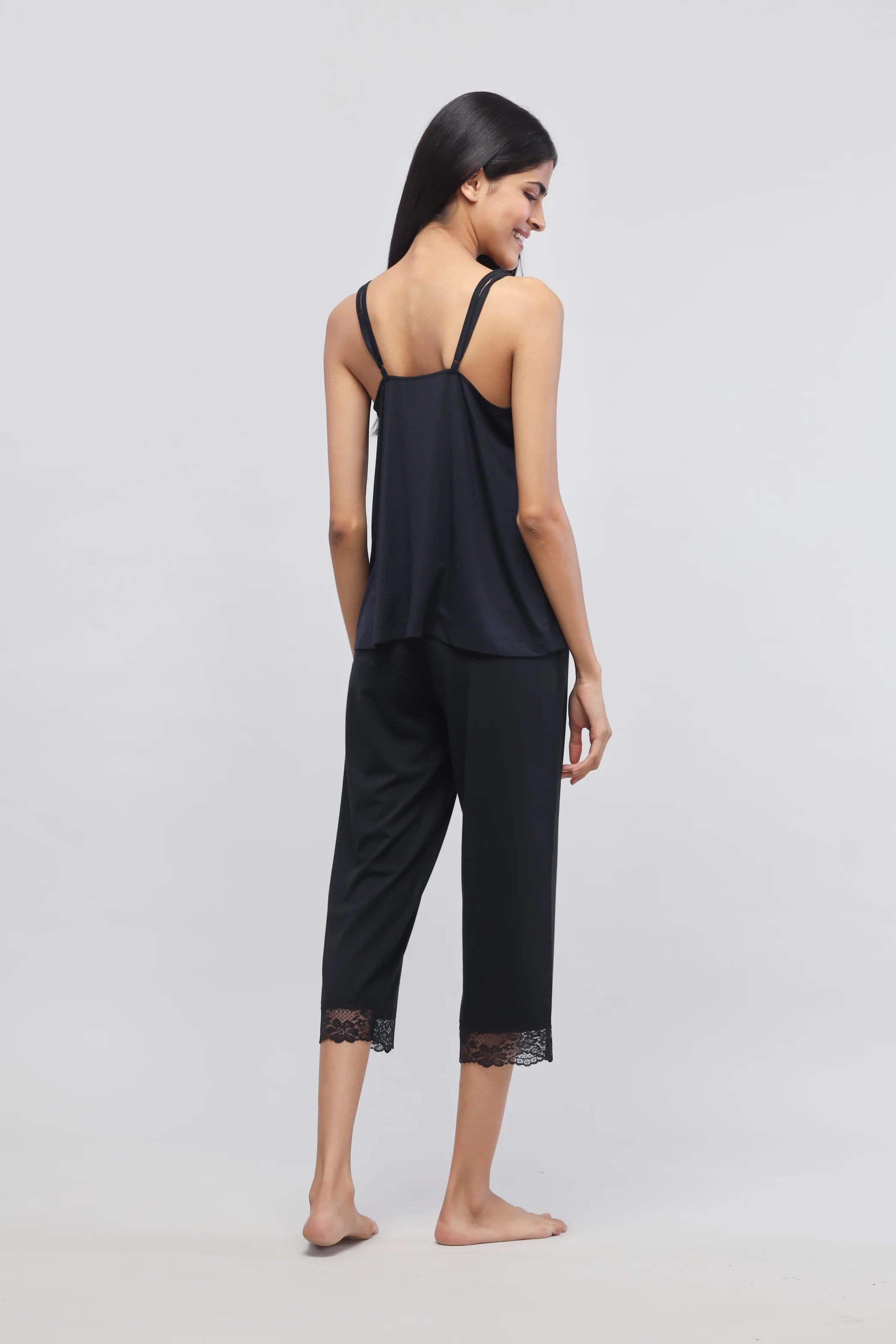 Delicate Black Lace Capri Set with Tank Top - Image 5