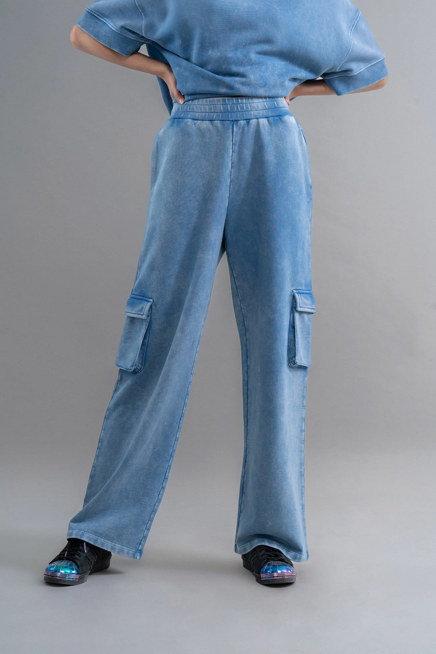 Denim Wash 100% Cotton Terry Cargo Pant - Image 3