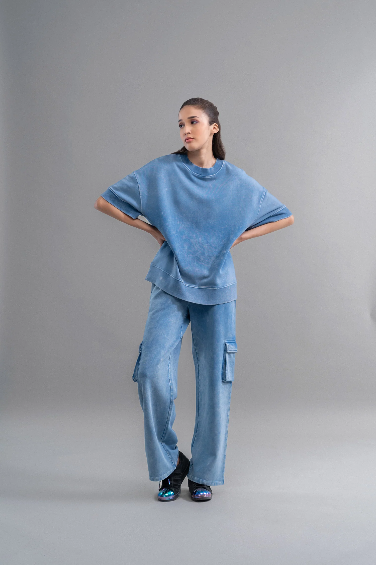 Denim Wash 100% Cotton Terry Cargo Pant - Image 4