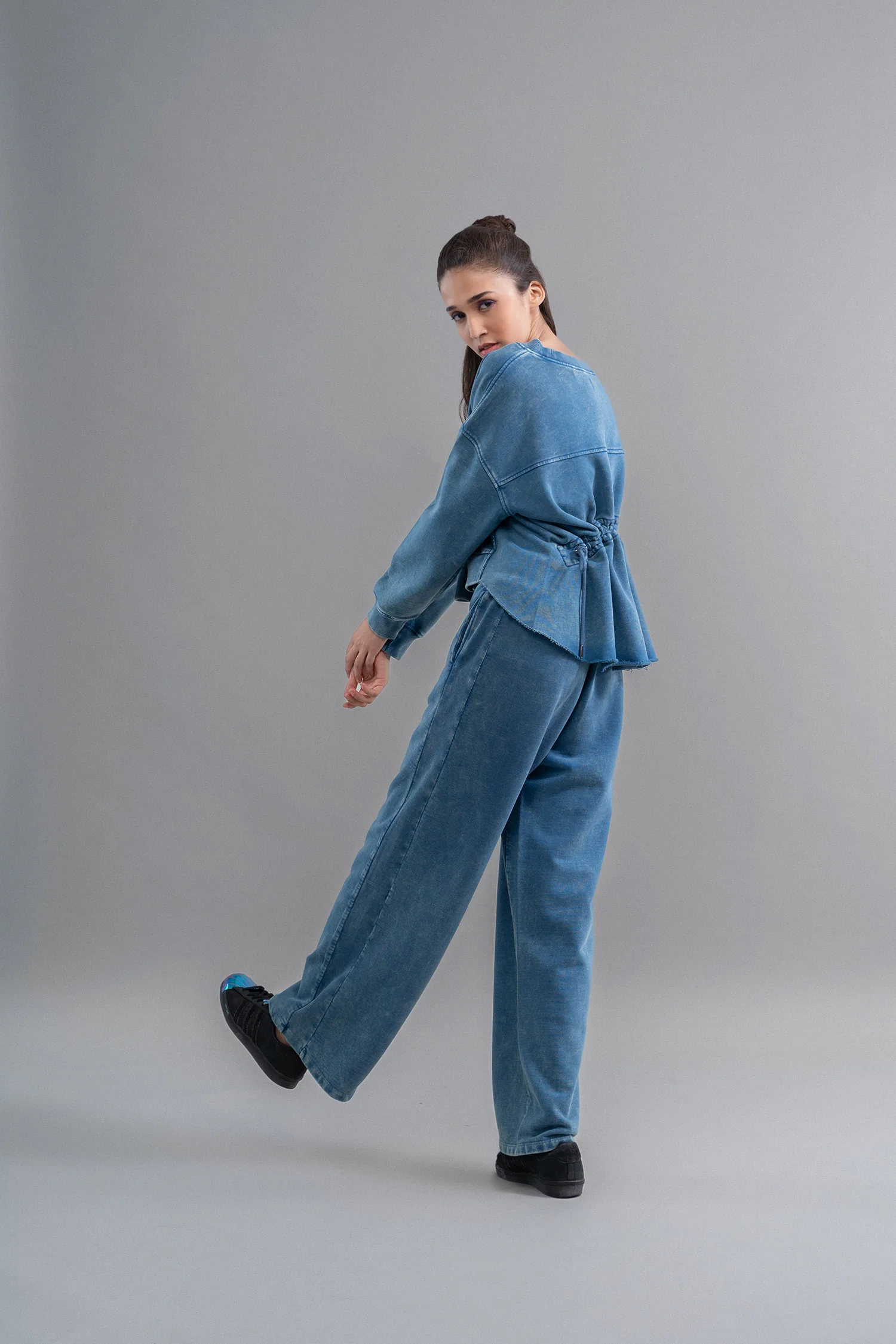 Denim Wash 100% Cotton Terry Ruched Sweatshirt - Image 4