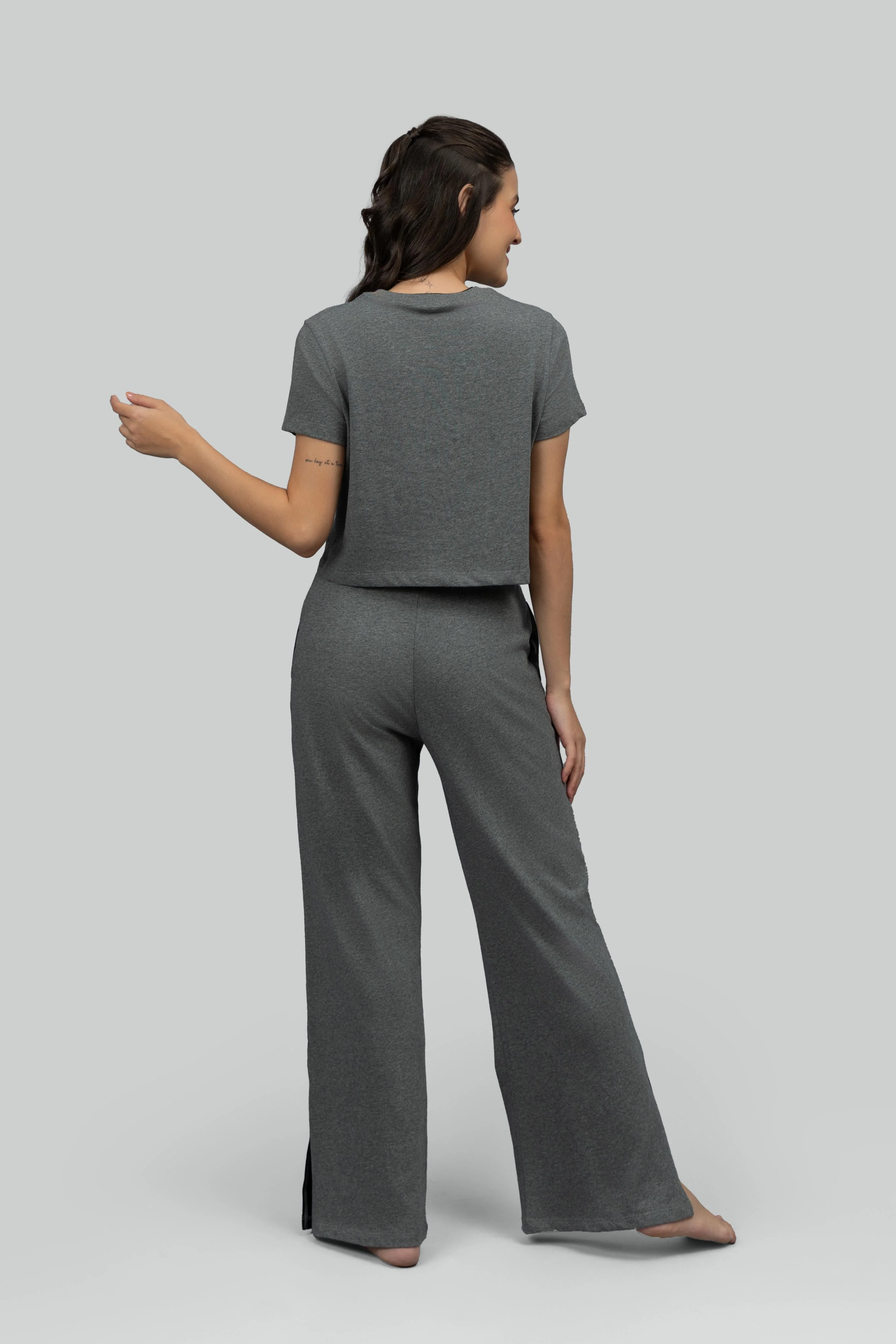 Grey Soft Cotton Side Slit Flare Pants - Image 3