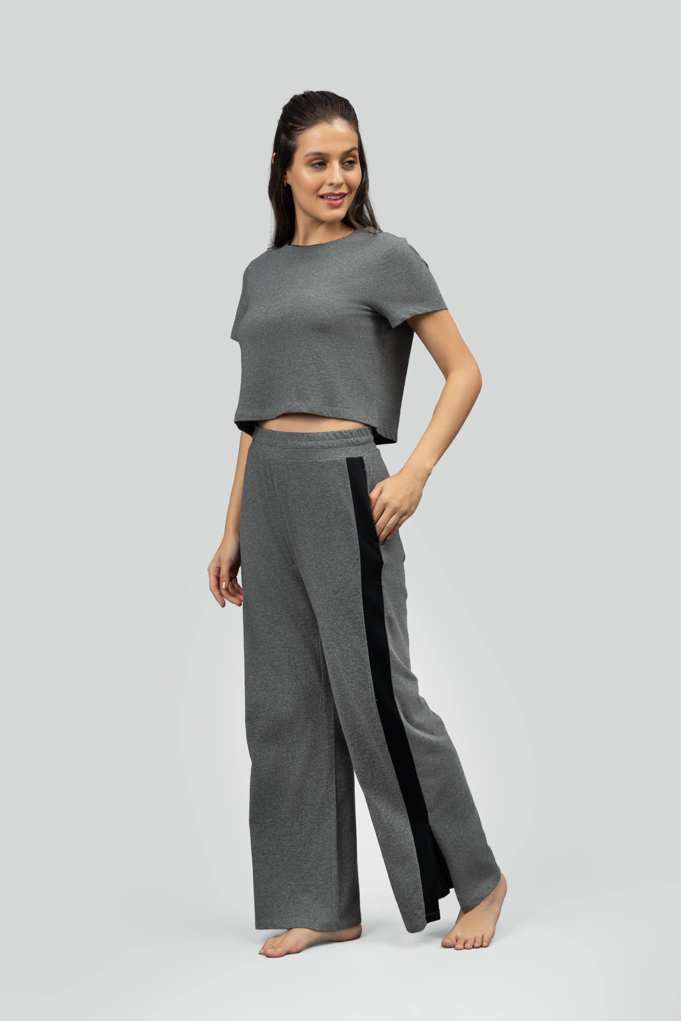 Grey Soft Cotton Side Slit Flare Pants - Image 9