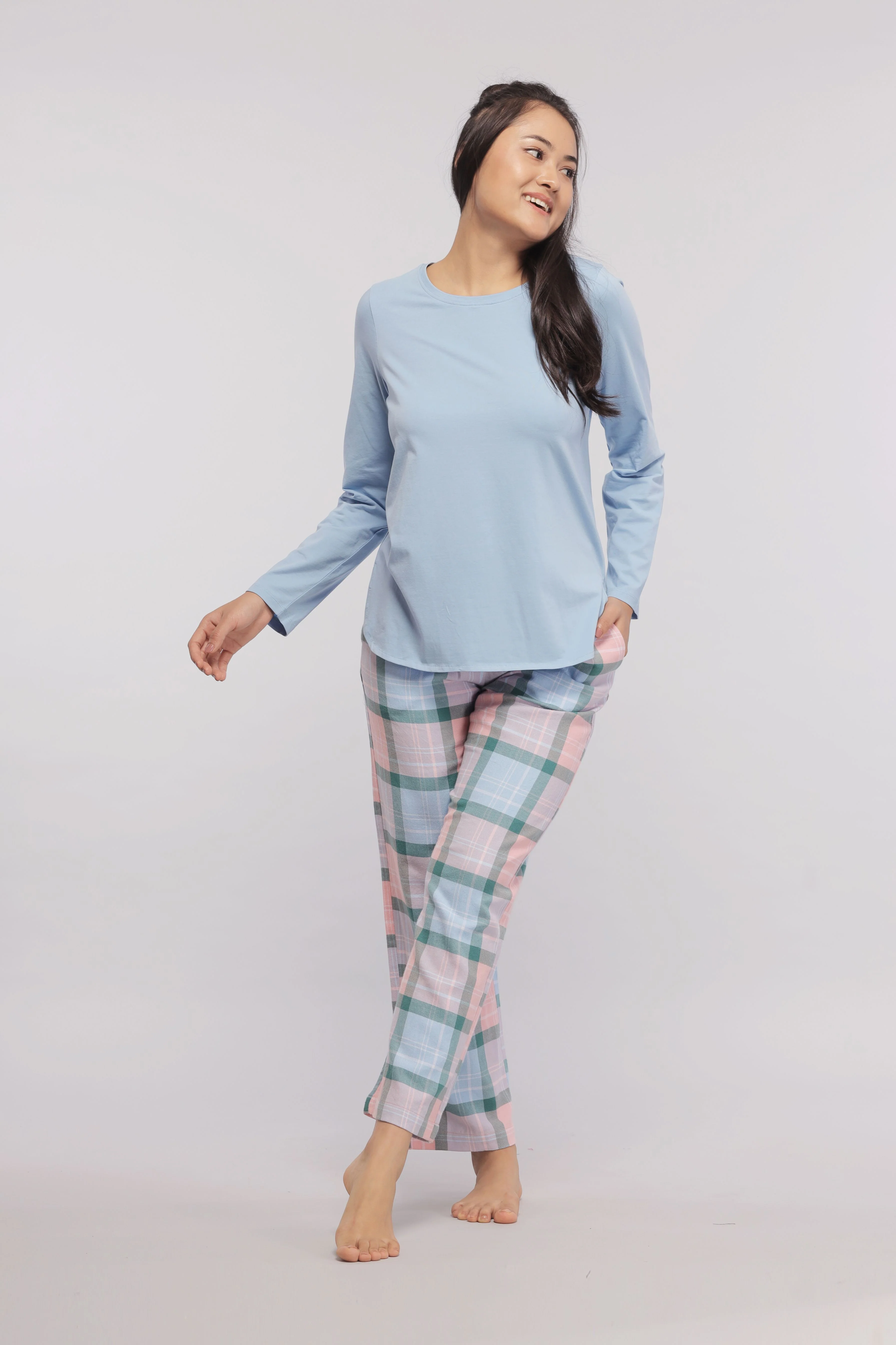 Plaid Flannel Pajama Set with Blue Top - Image 3