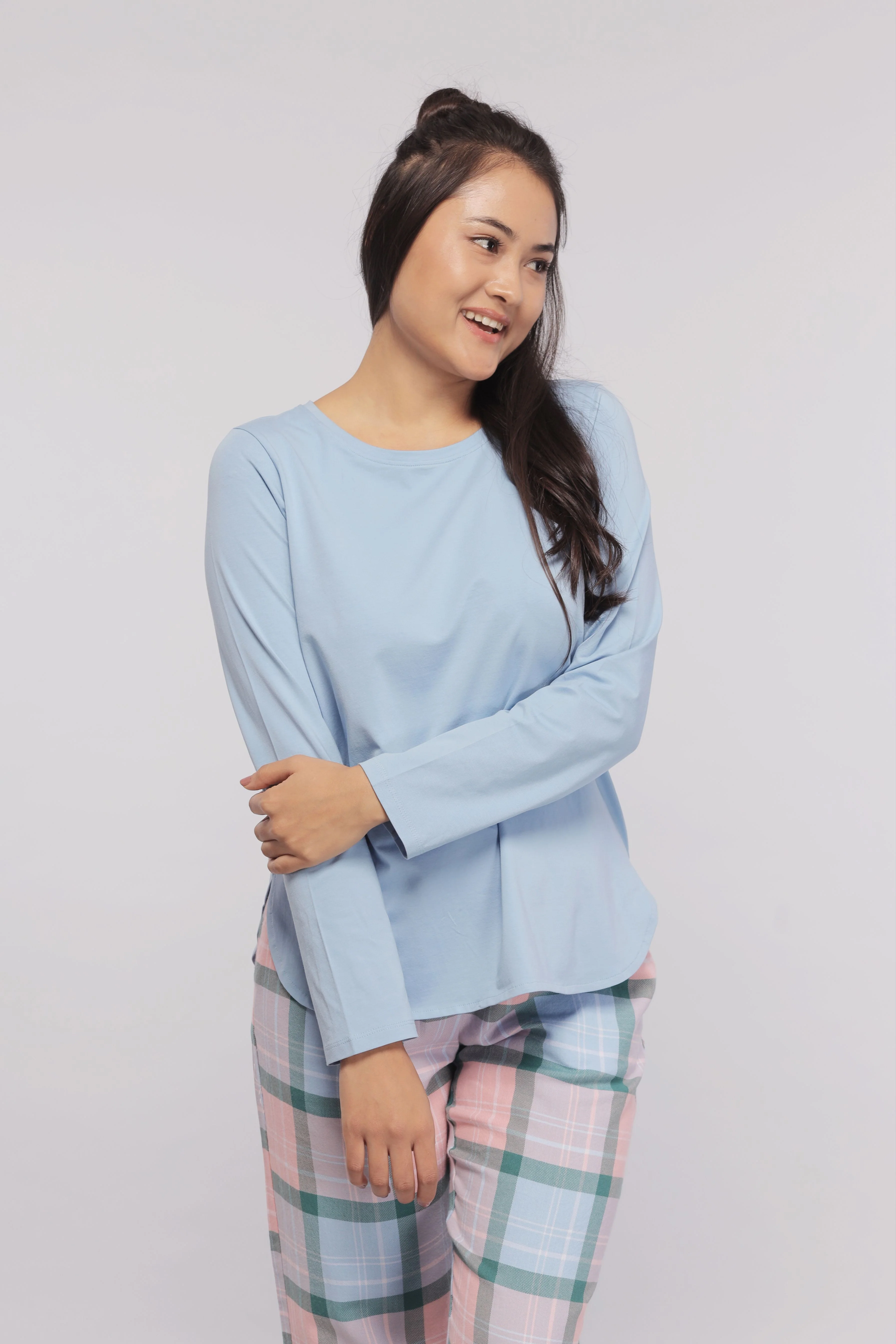 Plaid Flannel Pajama Set with Blue Top - Image 4