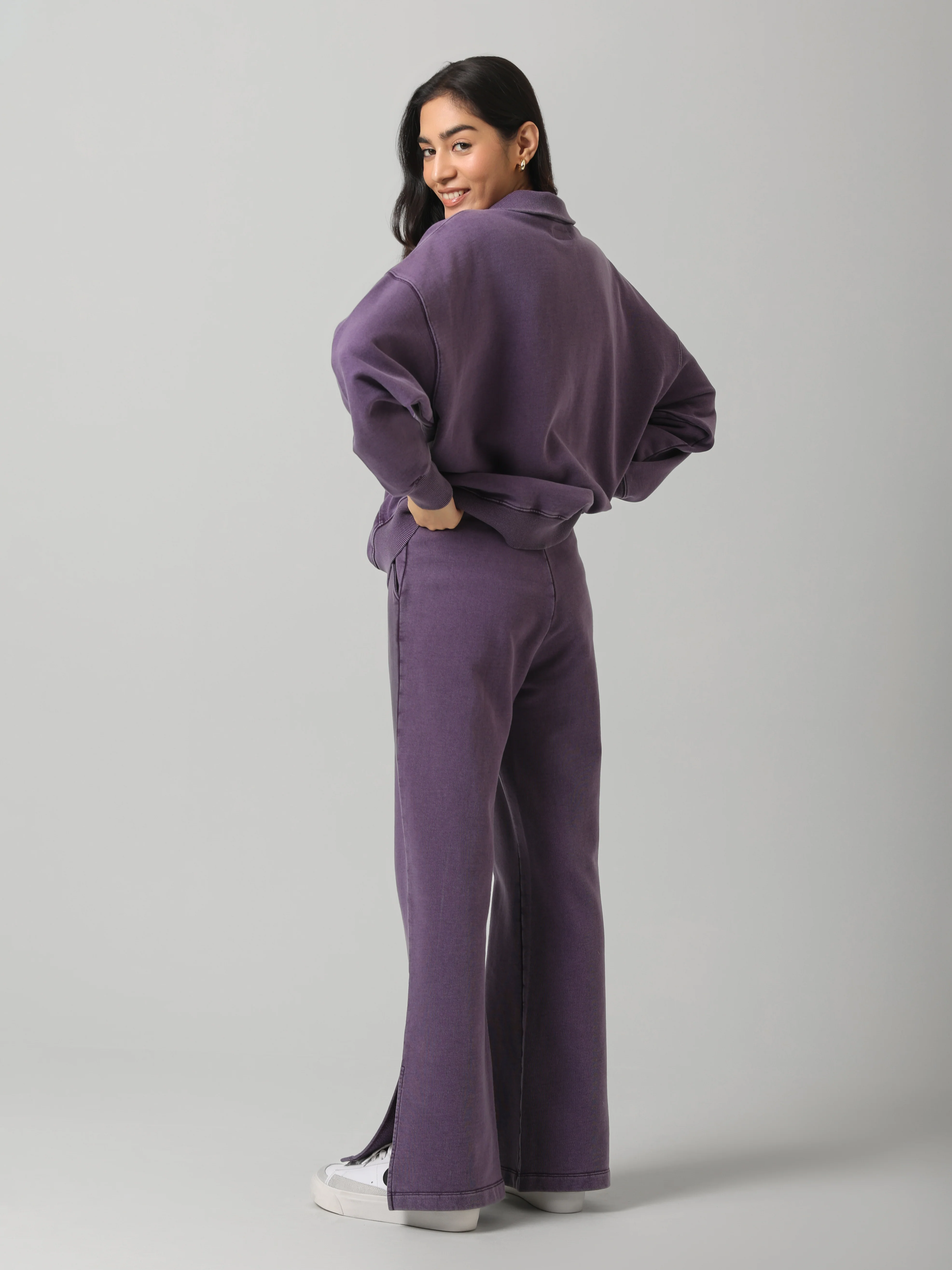 Plum Cotton Terry Acid Wash Side Slit Pant - Image 3