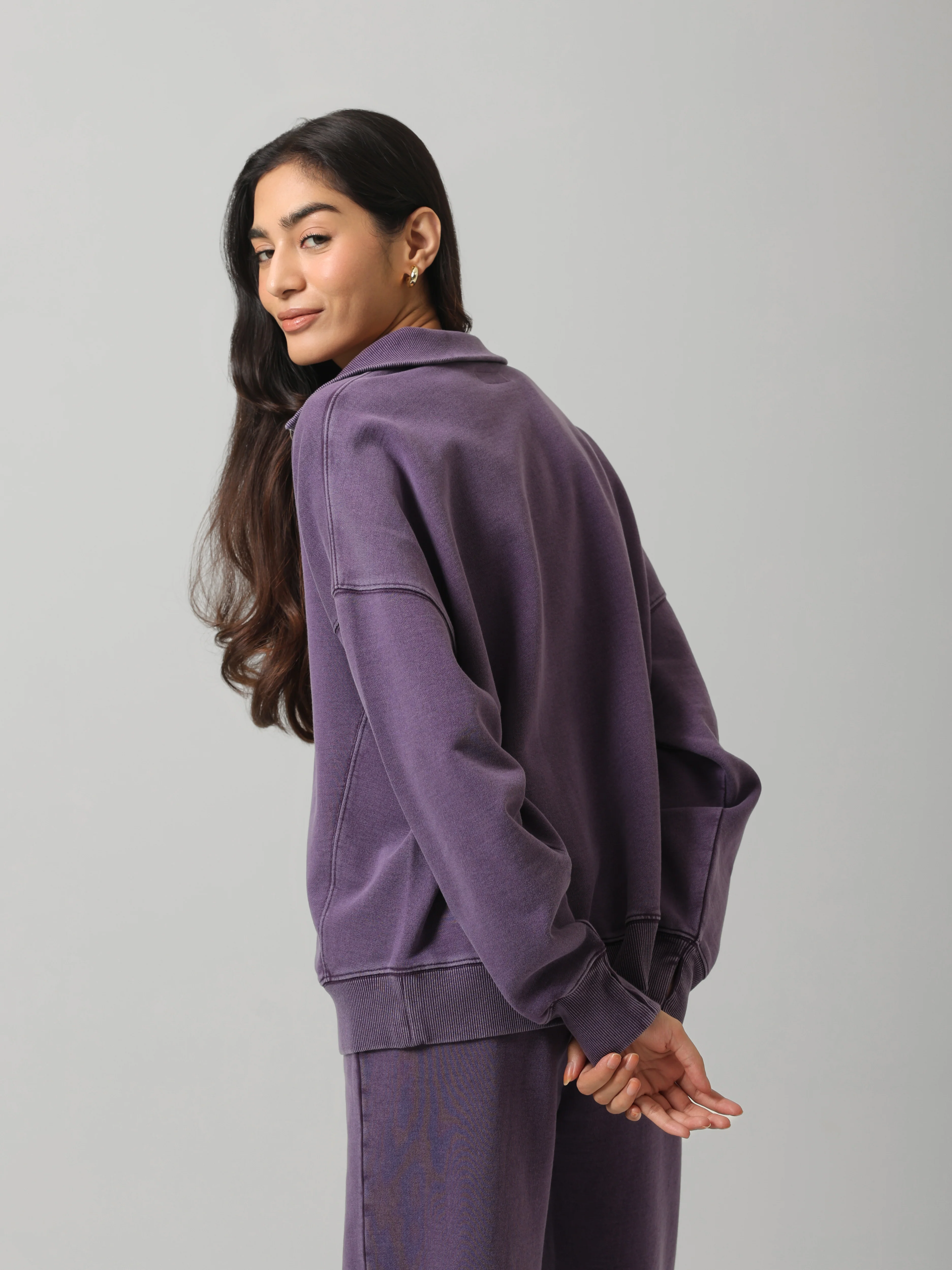 100% Cotton Terry Plum Diagonal Zipper Polo - Image 4