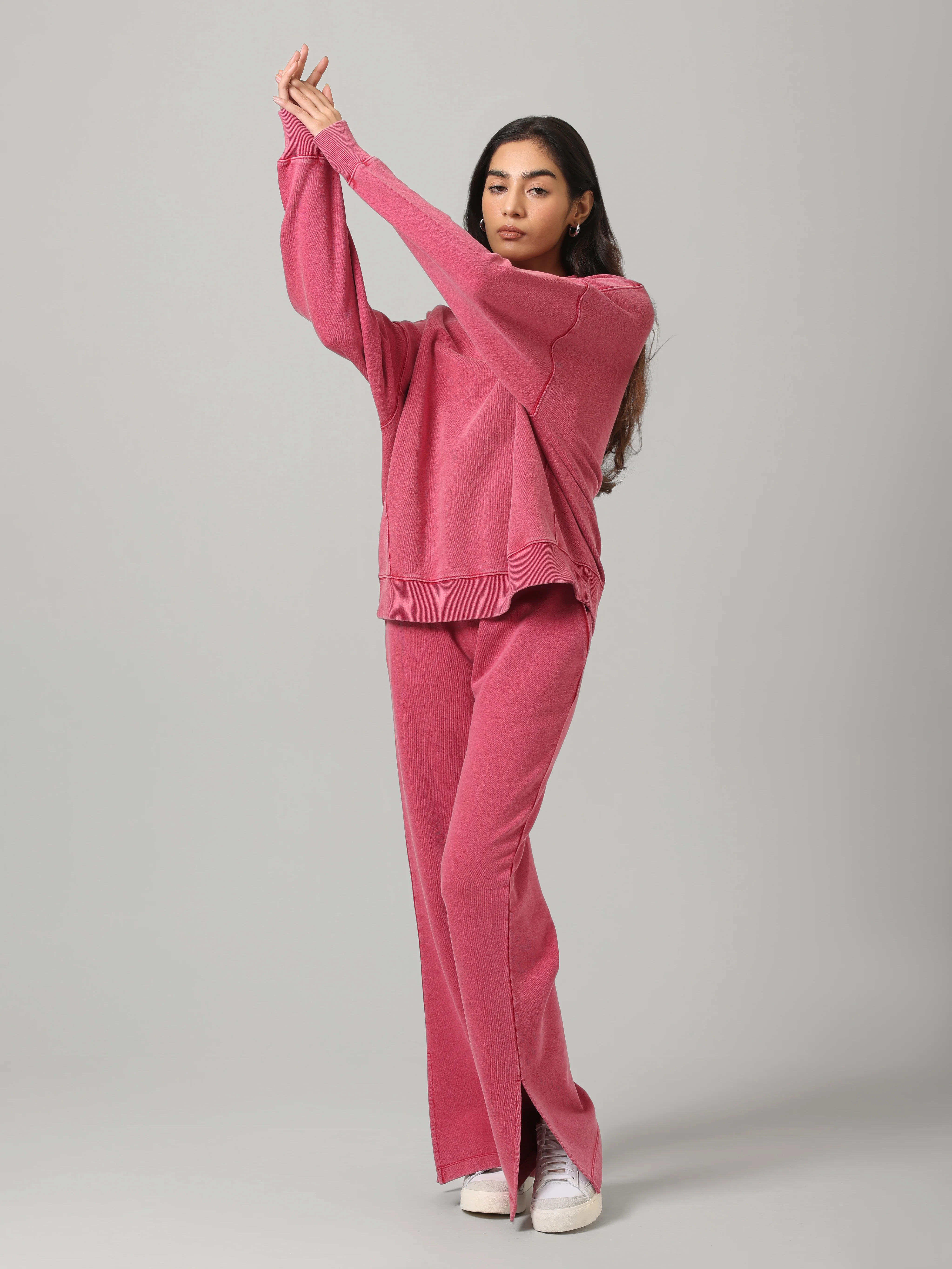 Red Cotton Terry Acid Wash Side Slit Pant - Image 4