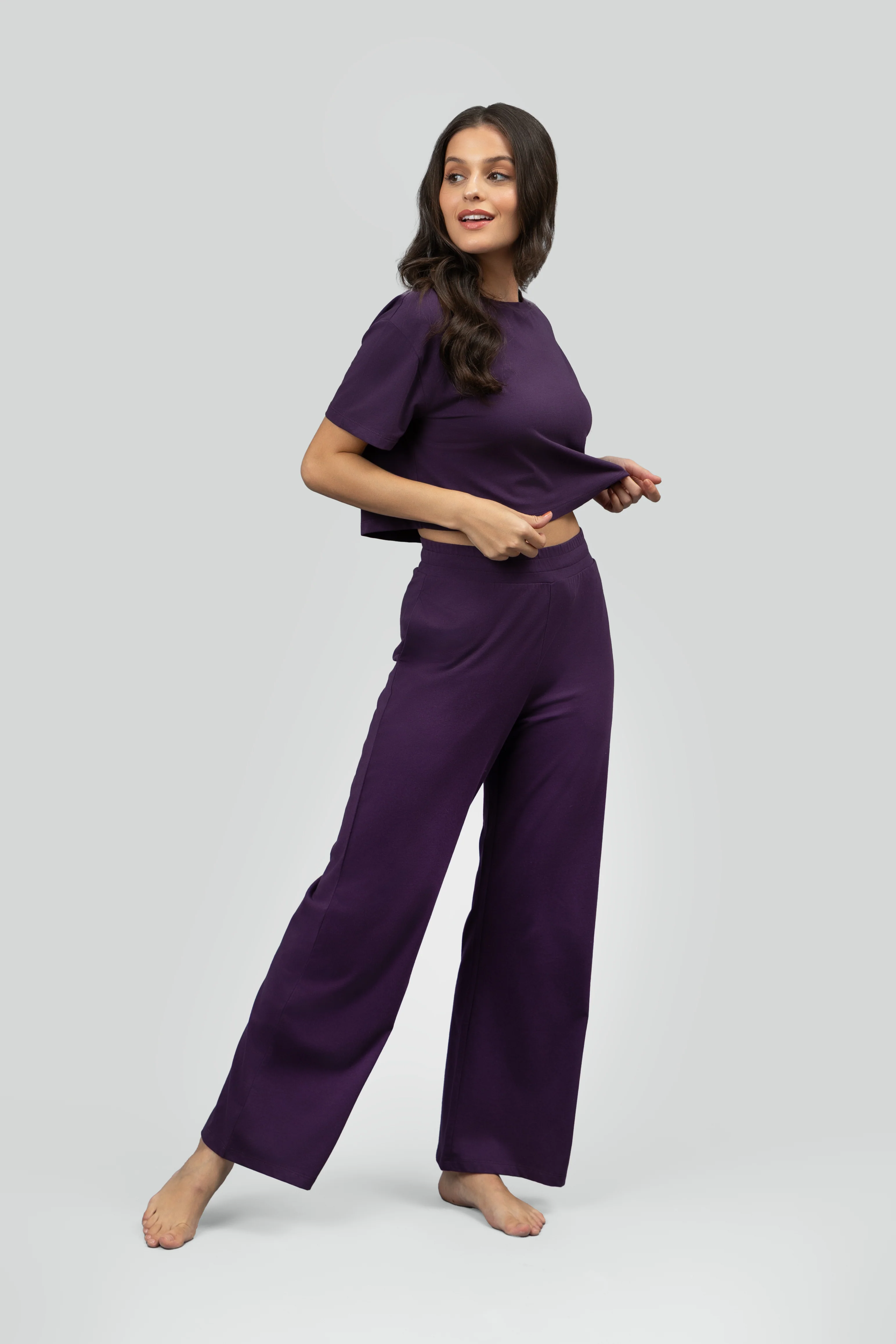 Soft Flare Plum Cropped Lounge Set - Image 3