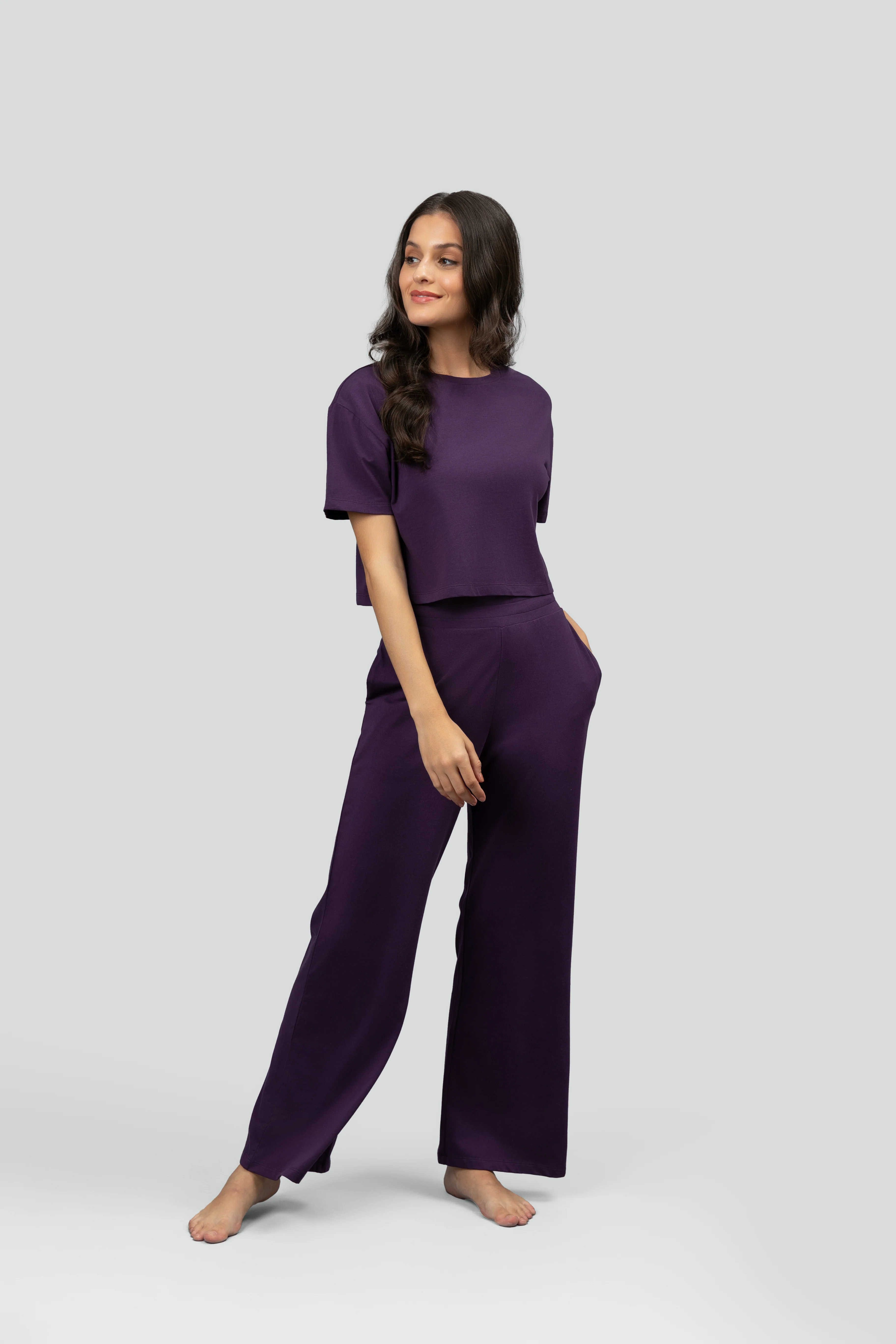 Soft Flare Plum Cropped Lounge Set - Image 6