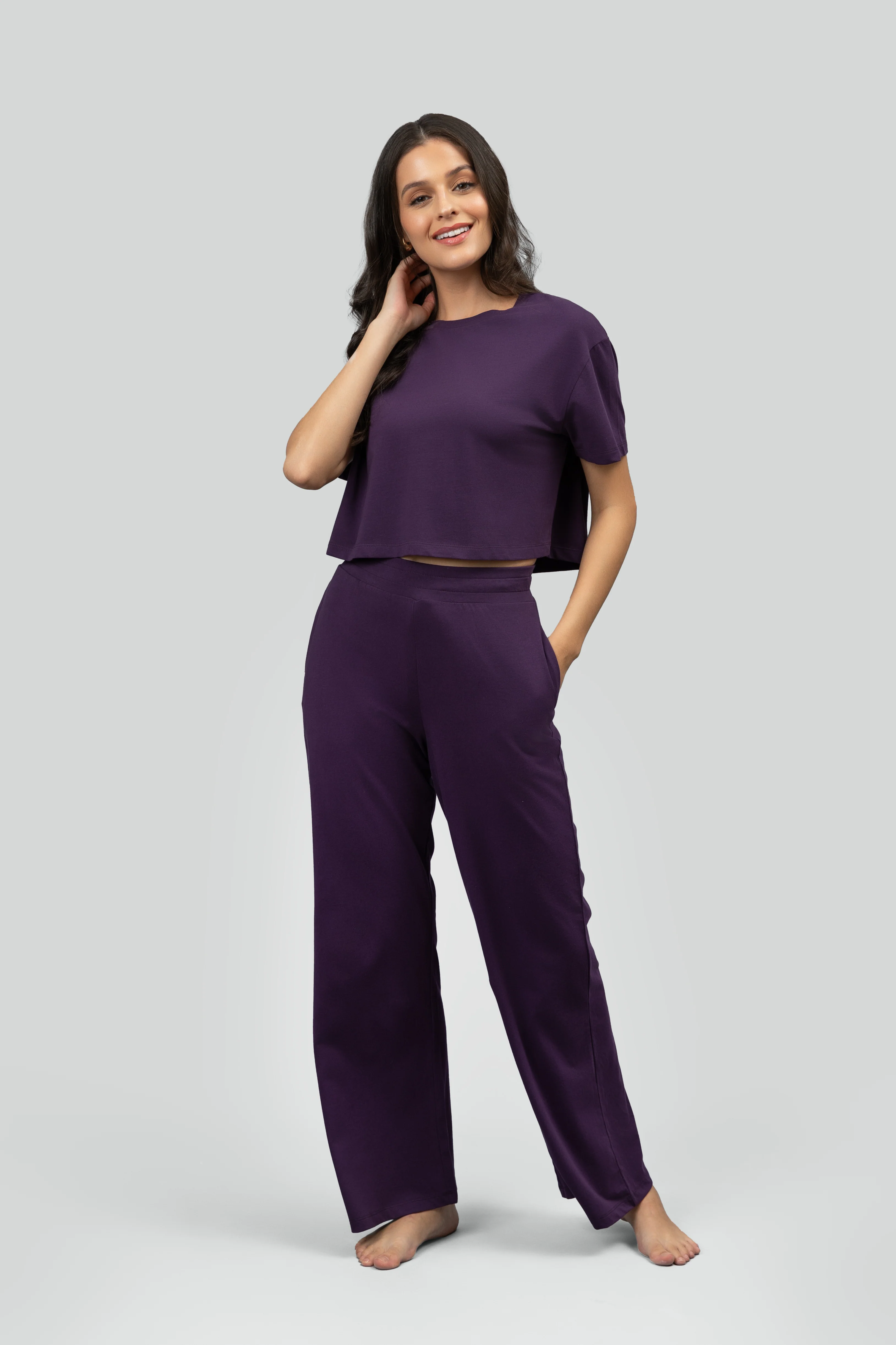 Soft Flare Plum Cropped Lounge Set - Image 7
