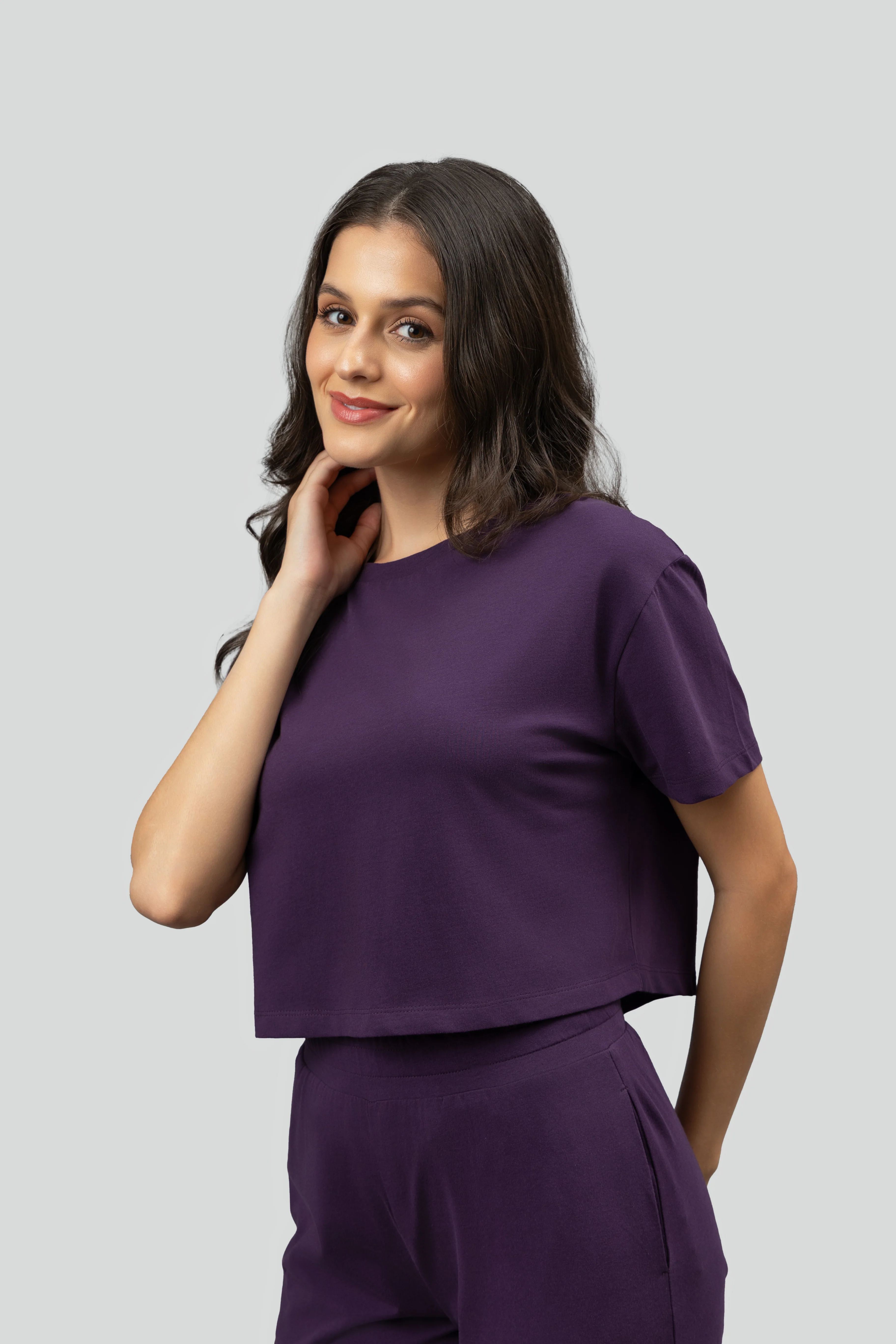 Soft Flare Plum Cropped Lounge Set - Image 8