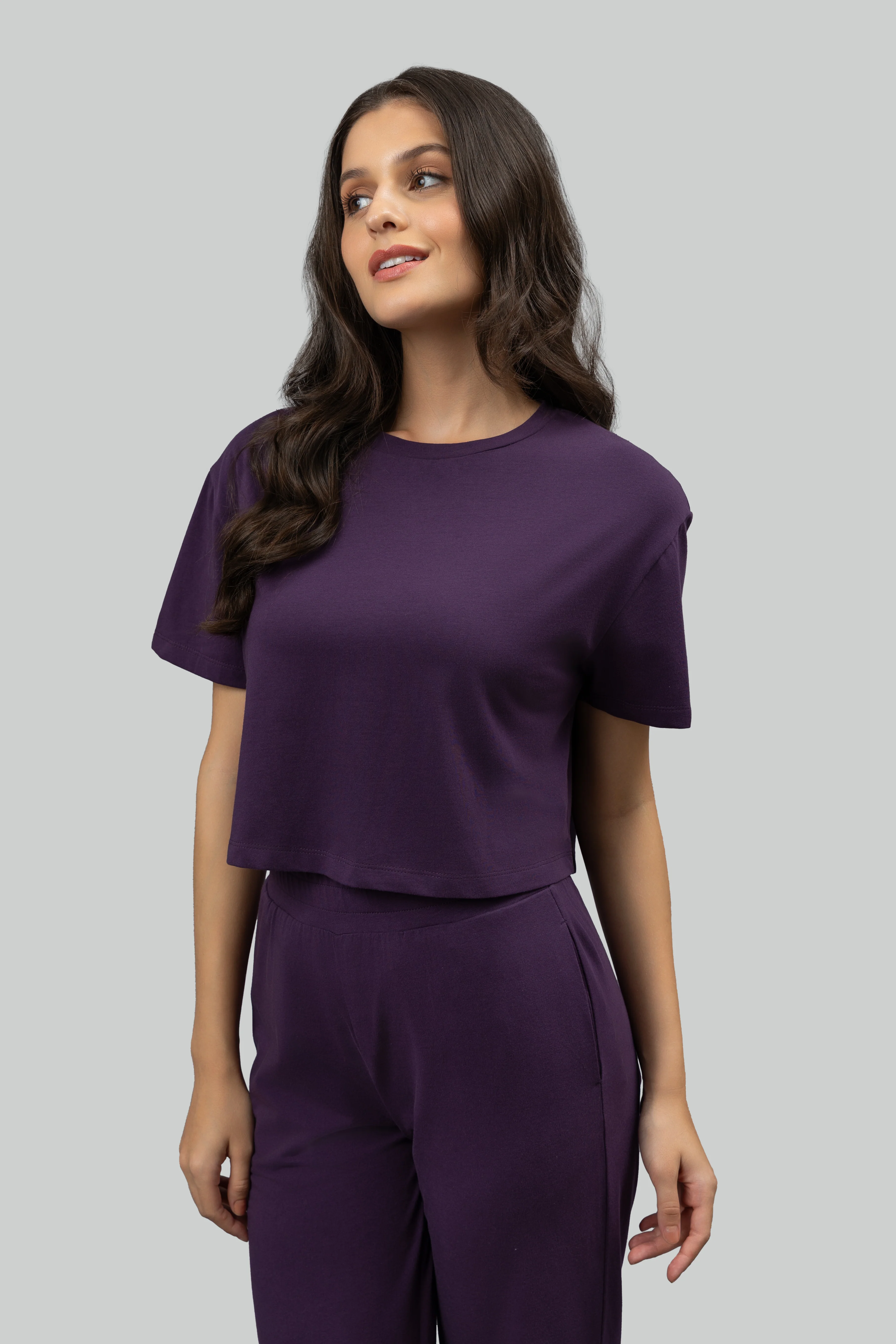 Soft Flare Plum Cropped Lounge Set - Image 9
