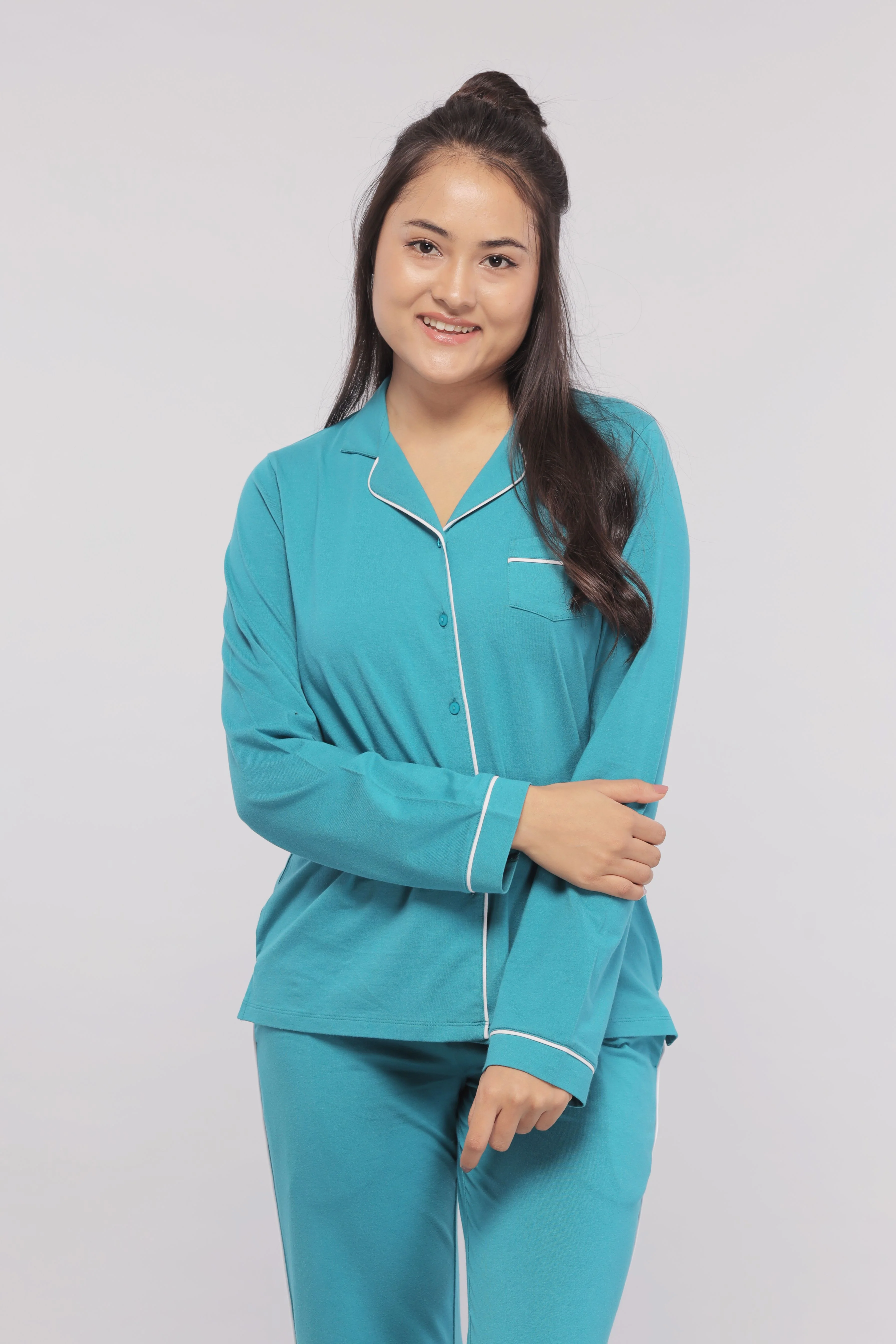 Teal Full Sleeve Button Down Pajama Set - Image 4