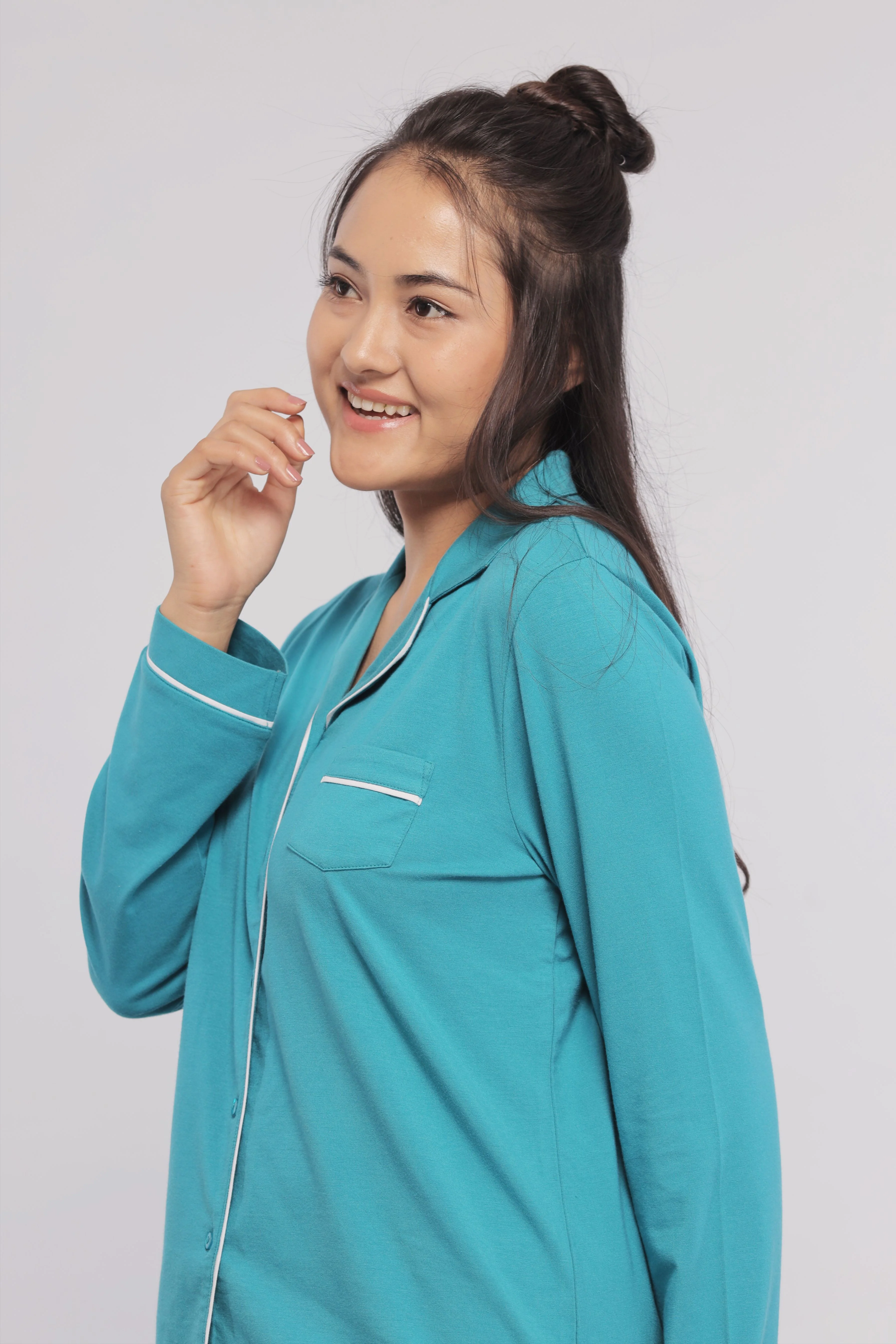 Teal Full Sleeve Button Down Pajama Set - Image 5