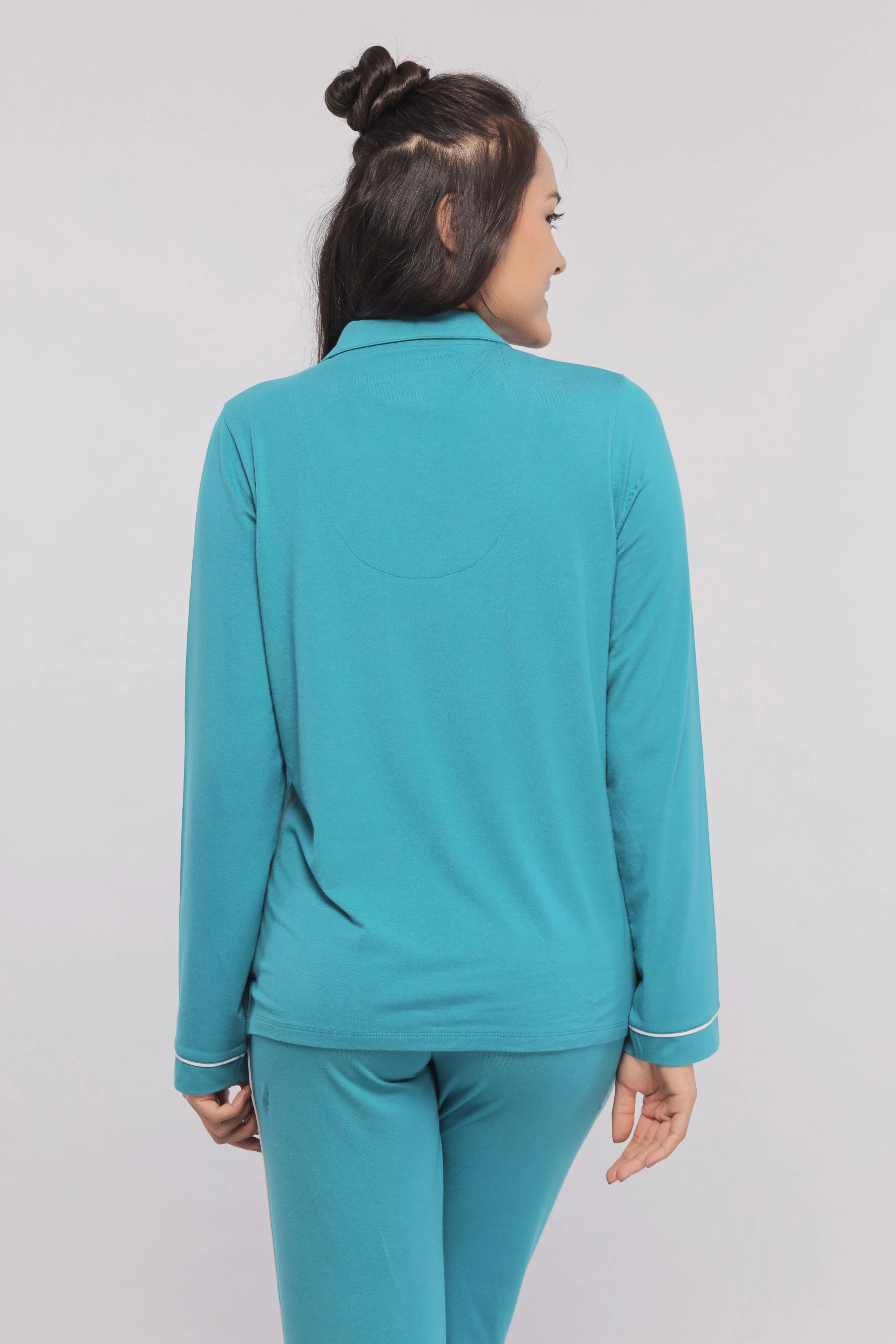 Teal Full Sleeve Button Down Pajama Set - Image 7