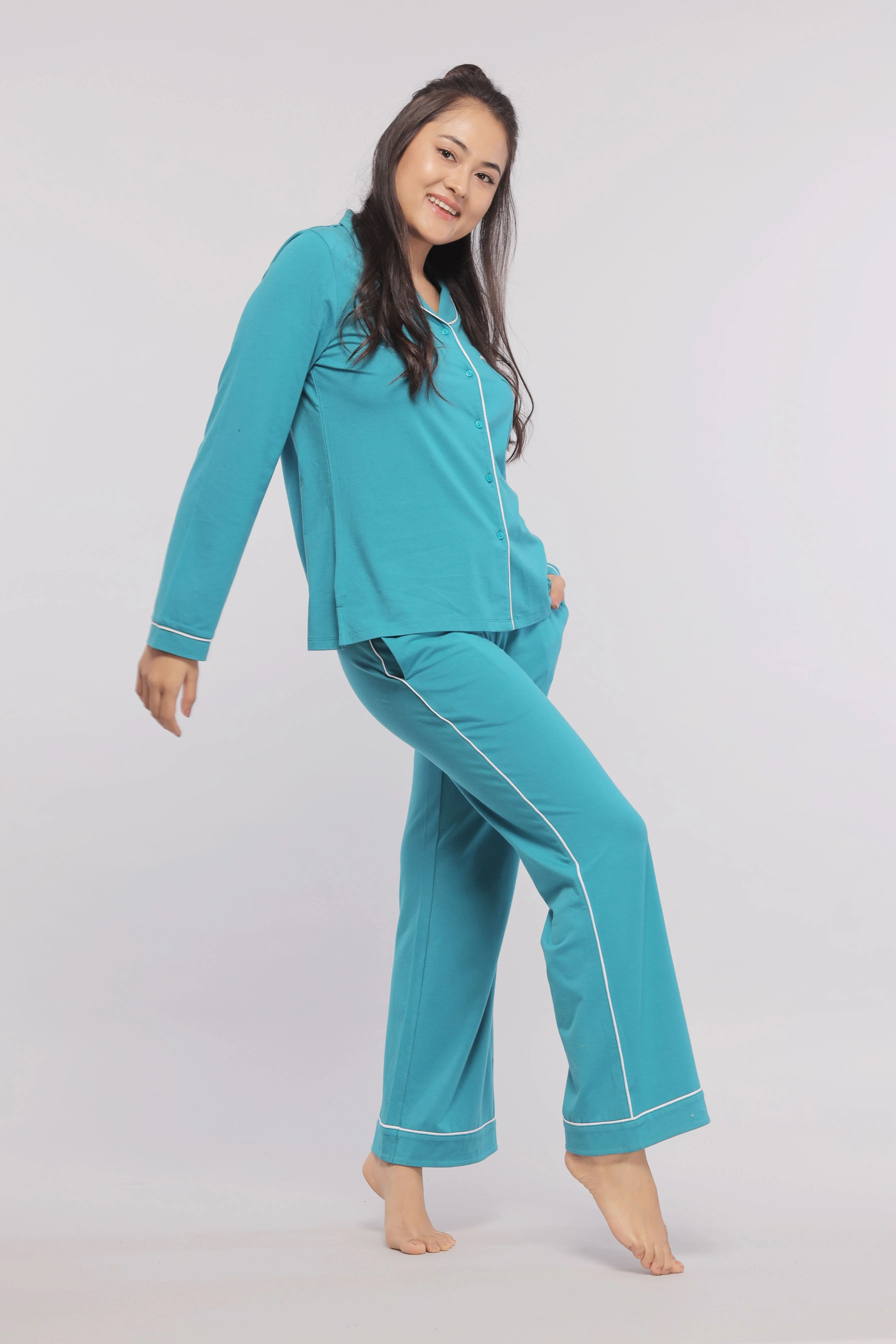 Teal Full Sleeve Button Down With White Piping Tee - Image 3