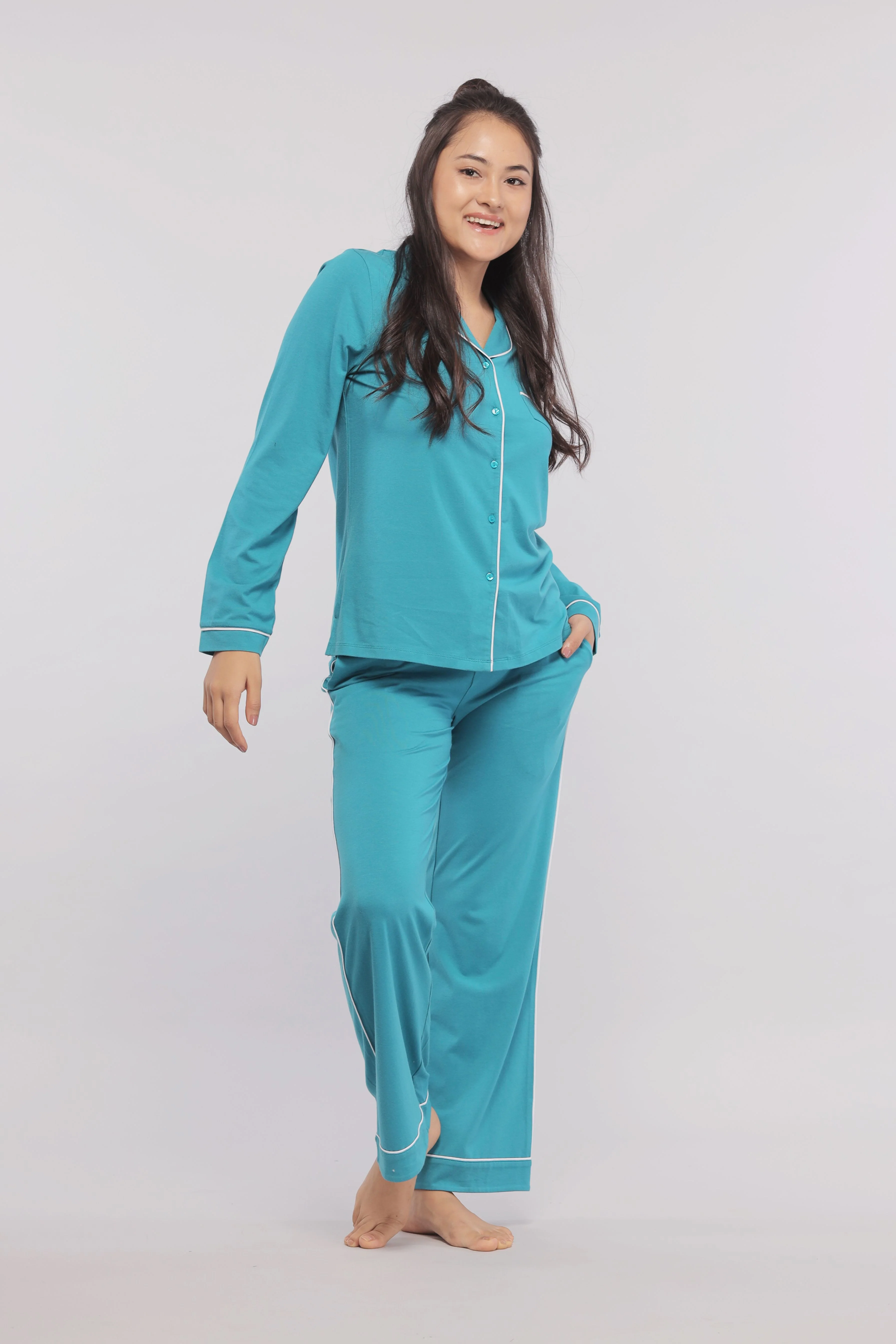 Teal Full Sleeve Button Down With White Piping Tee - Image 4