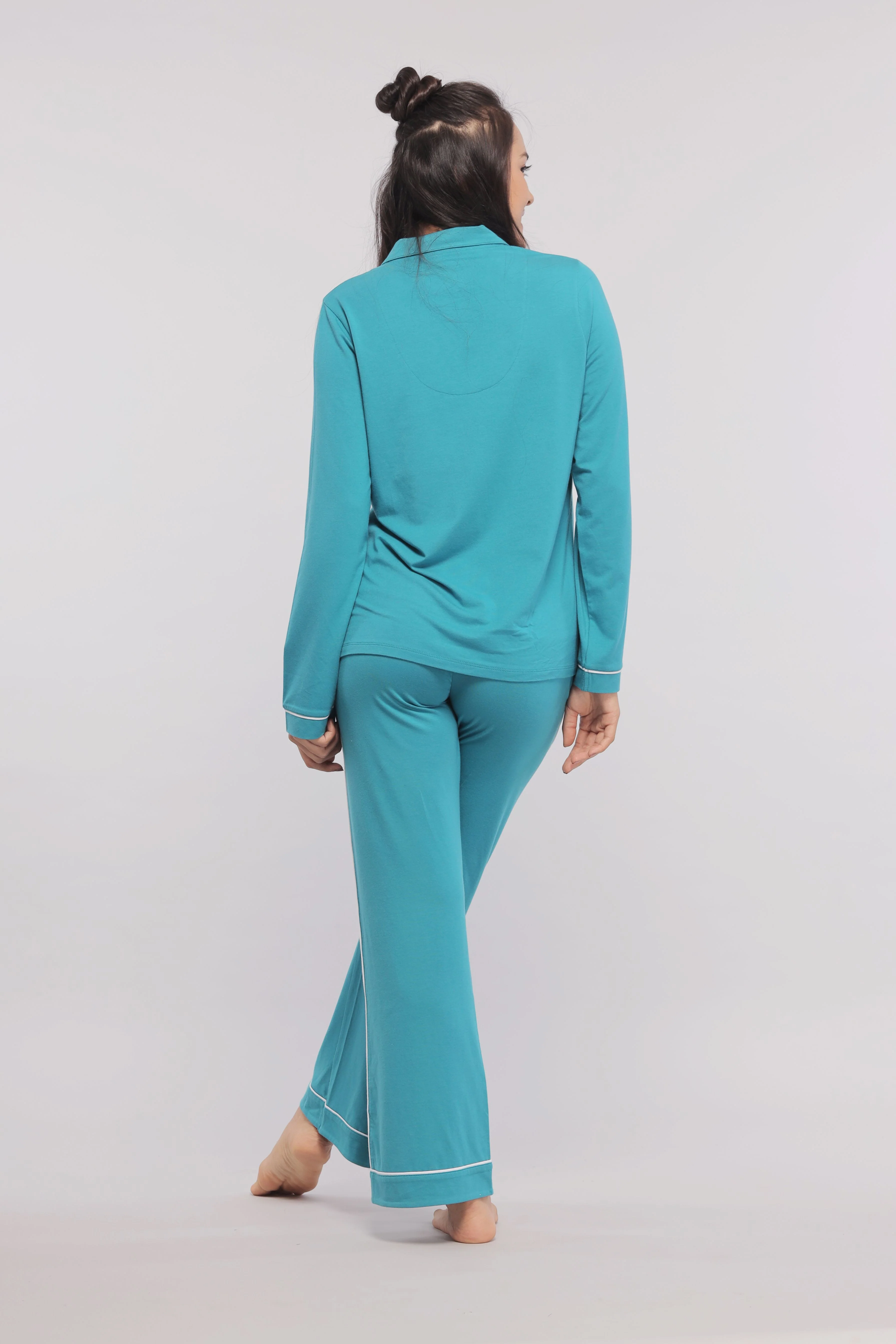 Teal Full Sleeve Button Down With White Piping Tee - Image 5