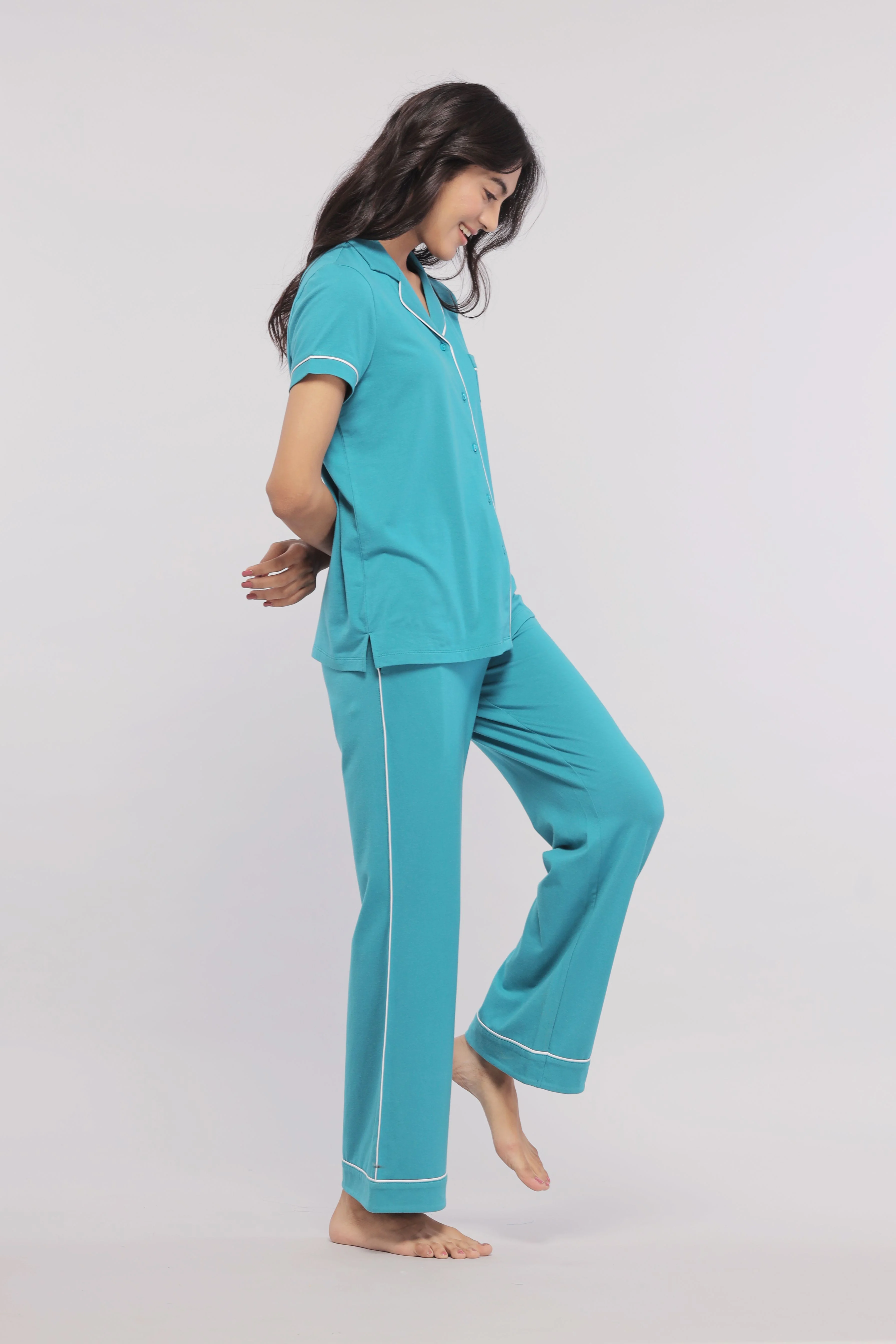 Teal Half Sleeve Button Down Pajama Set - Image 3