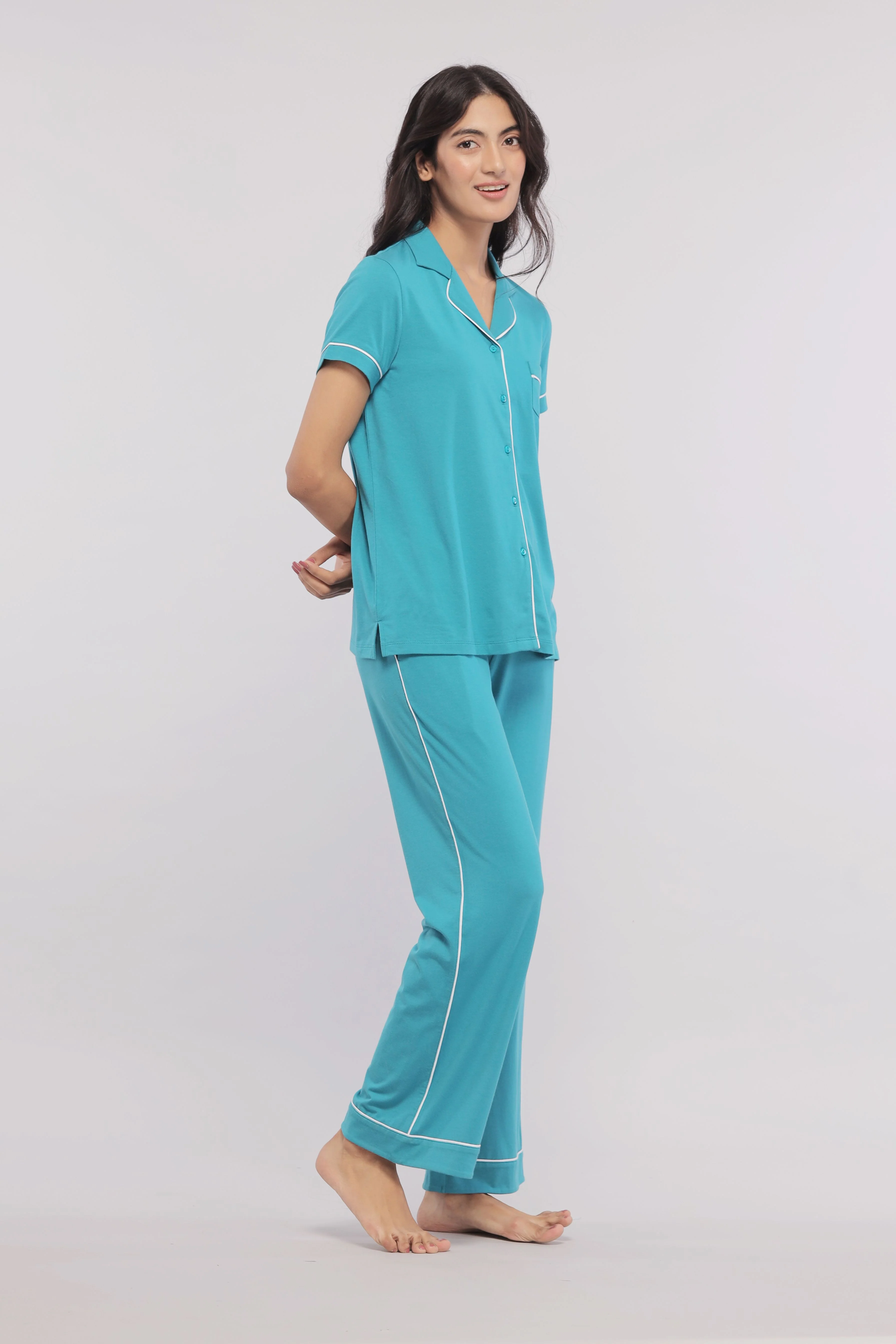 Teal Half Sleeve Button Down Pajama Set - Image 4