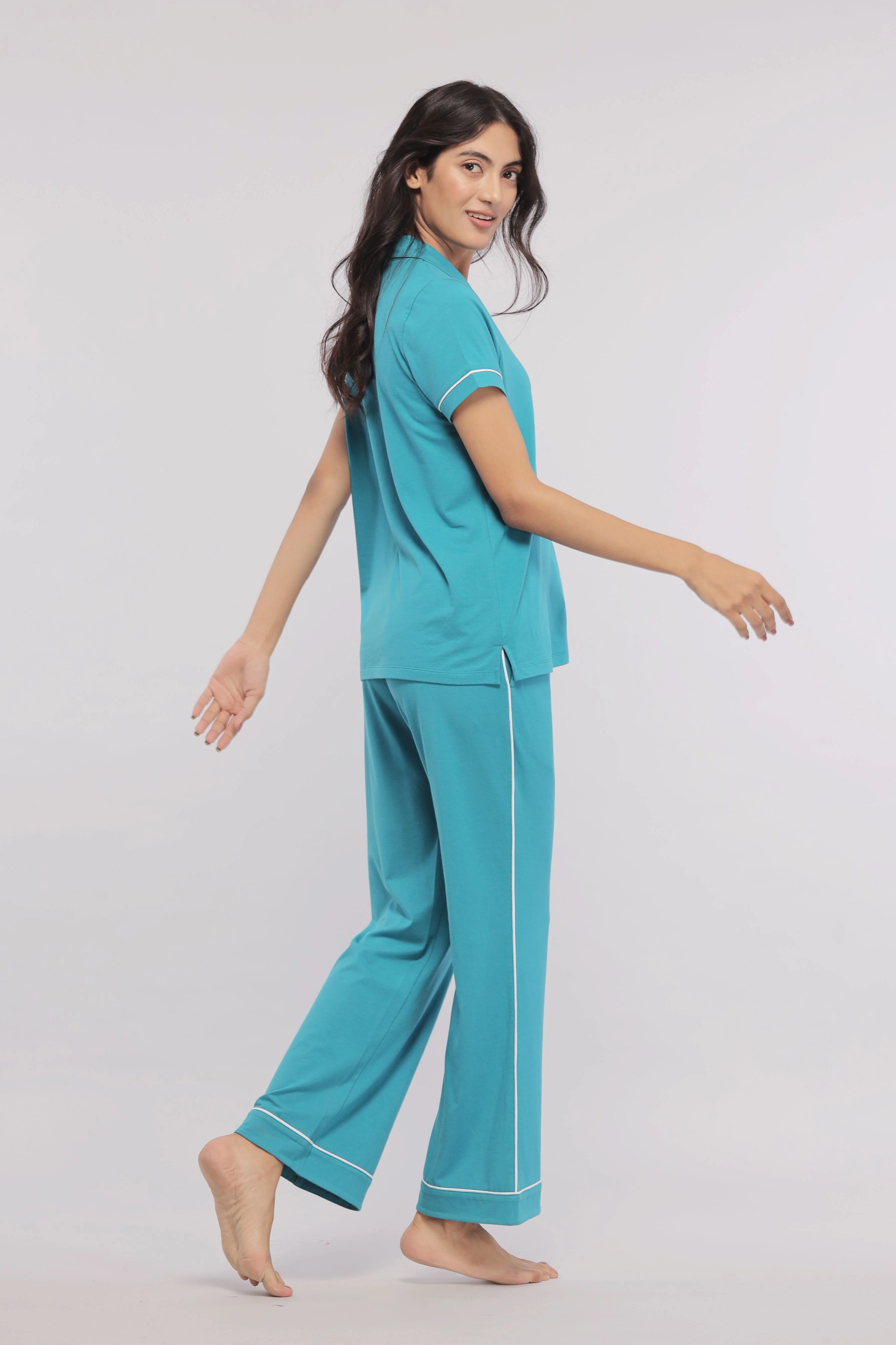 Teal Half Sleeve Button Down Pajama Set - Image 6
