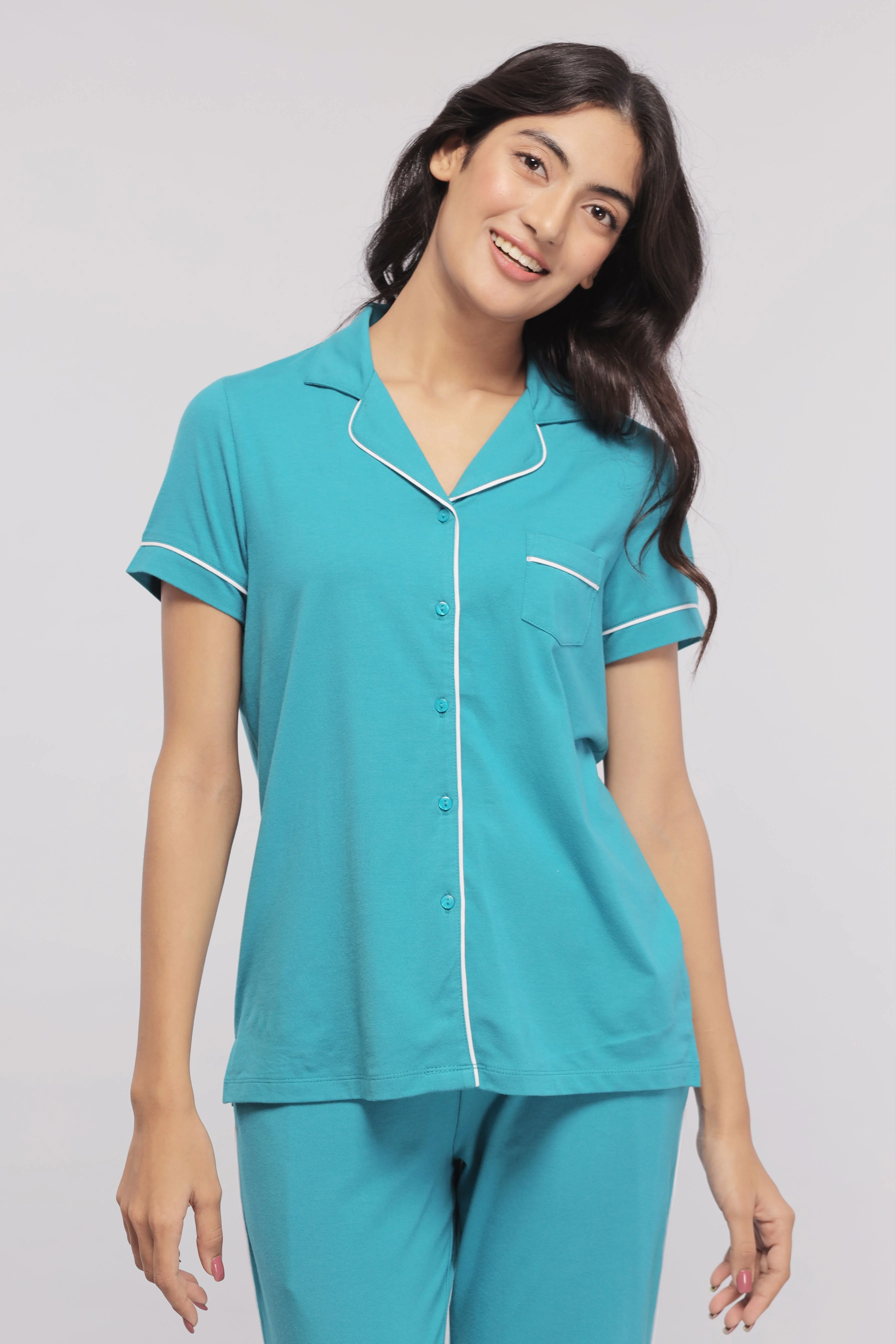 Teal Half Sleeve Button Down Pajama Set - Image 7
