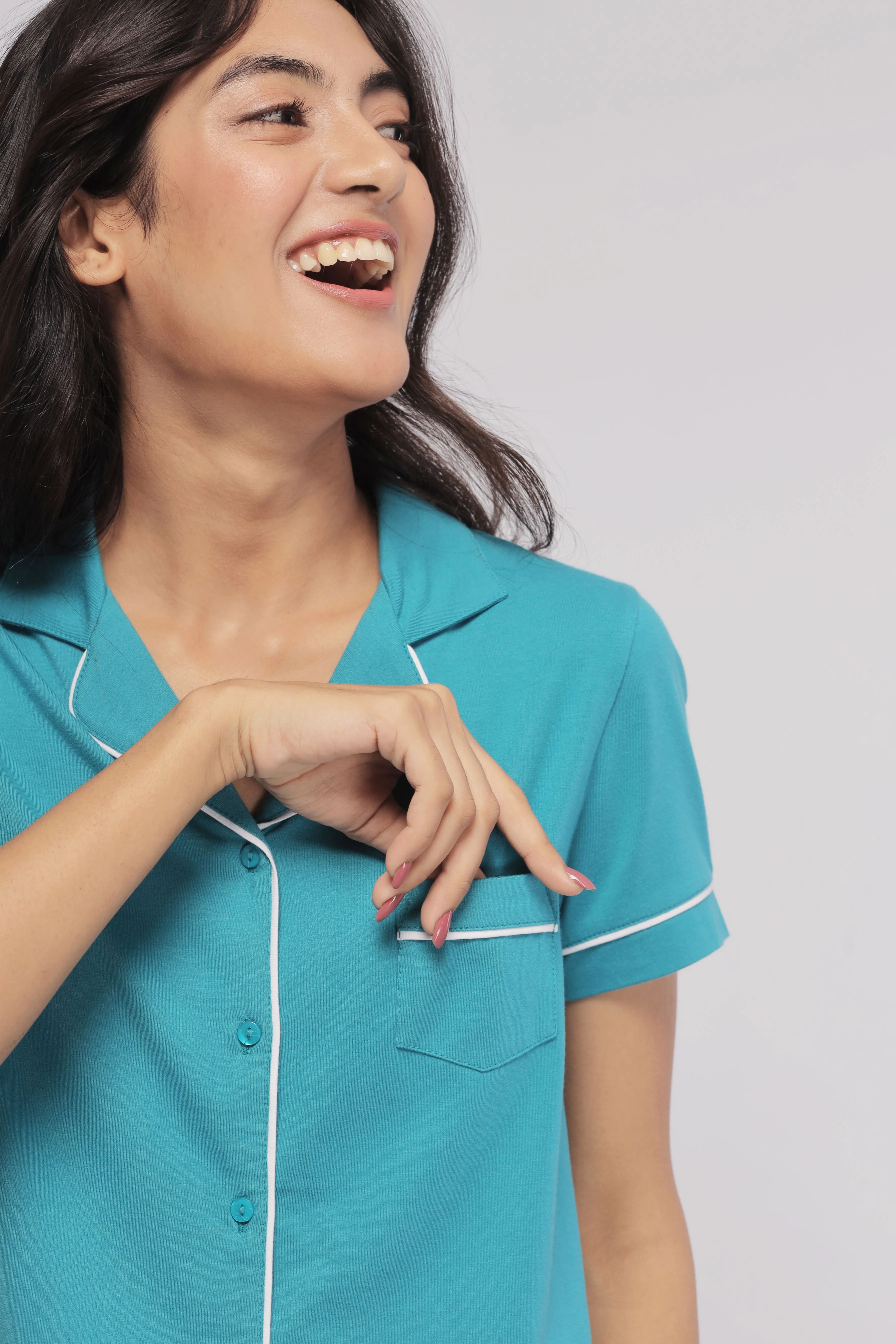 Teal Half Sleeve Button Down Pajama Set - Image 8