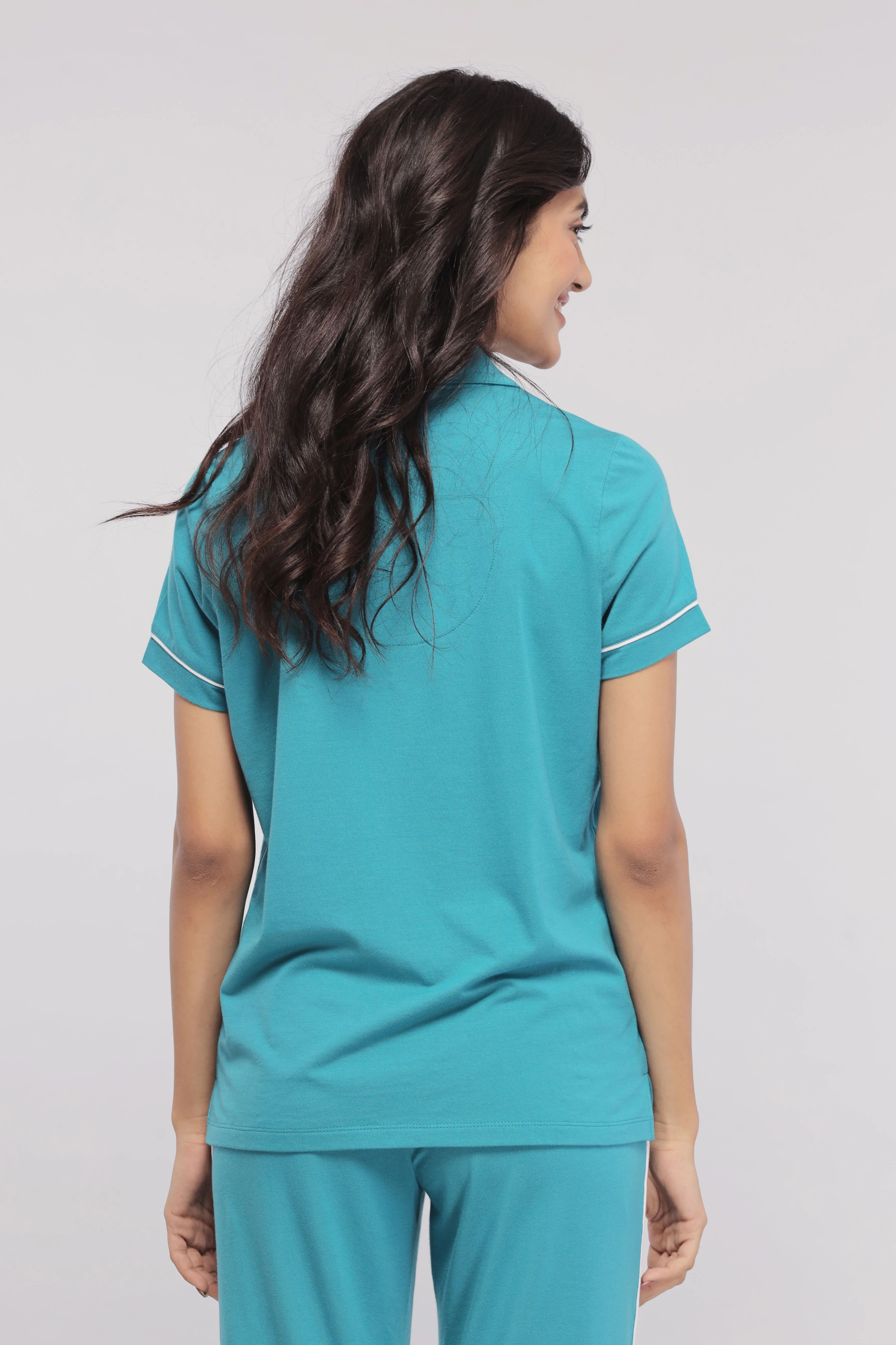 Teal Half Sleeve Button Down Pajama Set - Image 9
