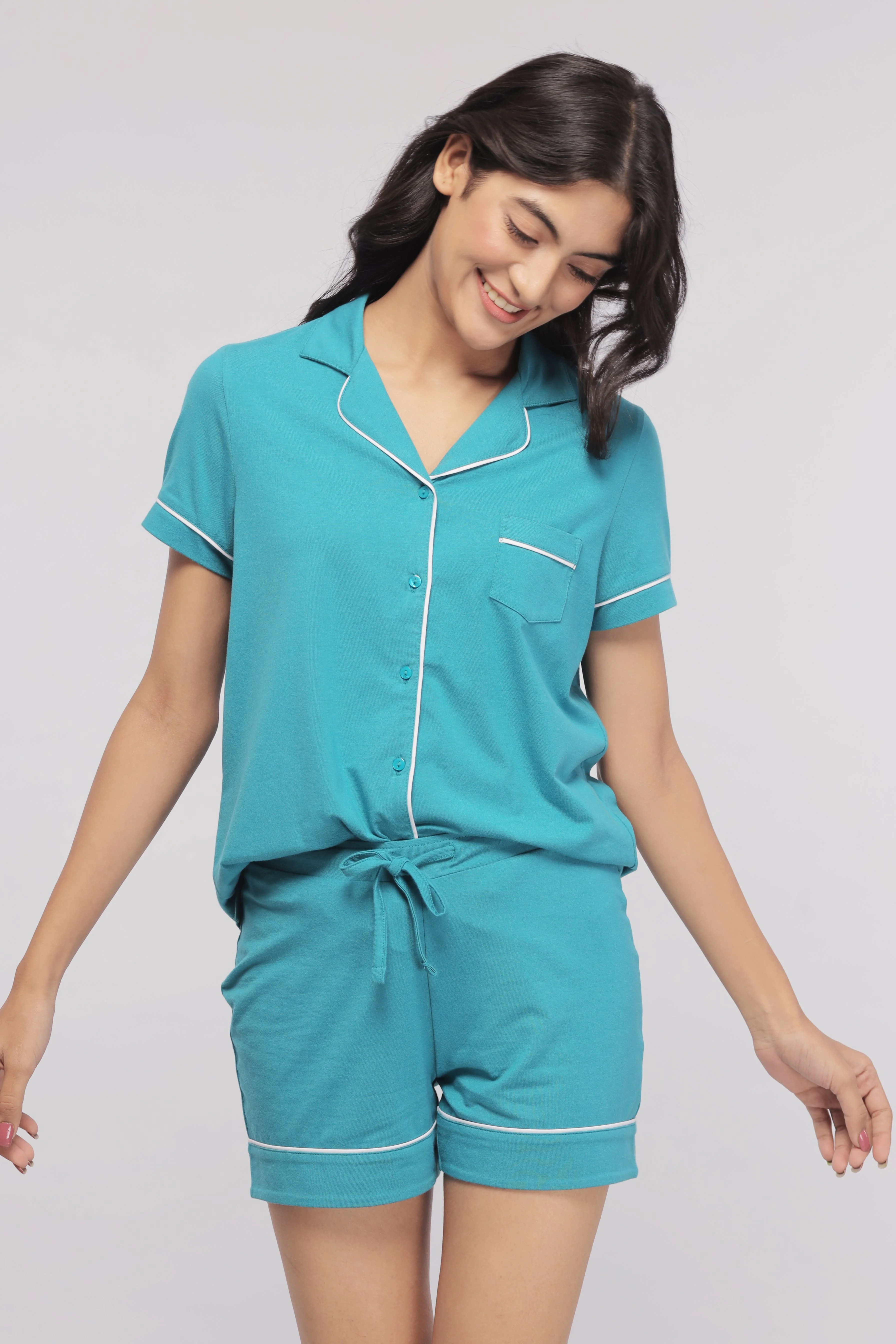 Teal With White Piping Shorts Set - Image 4