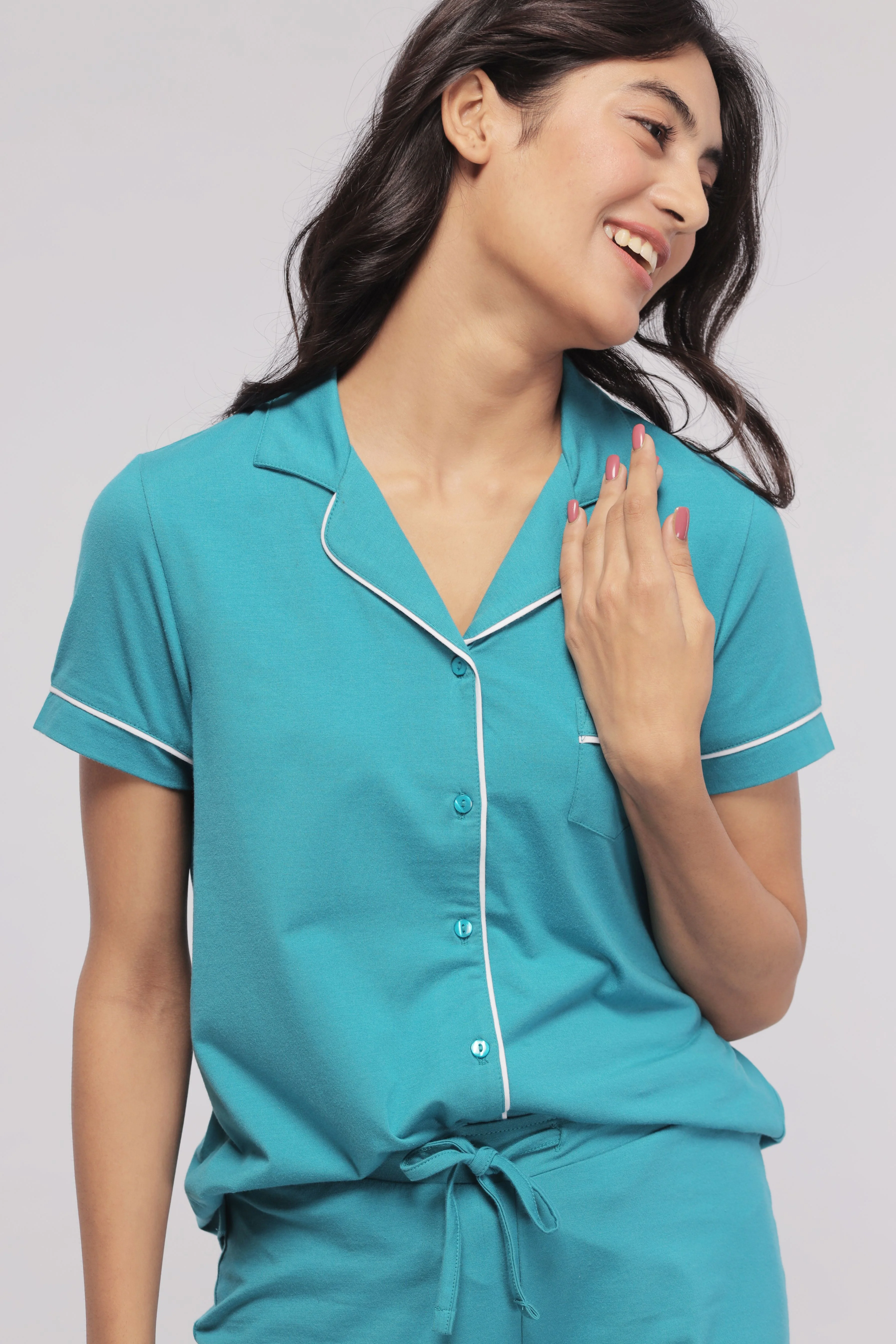 Teal With White Piping Shorts Set - Image 5