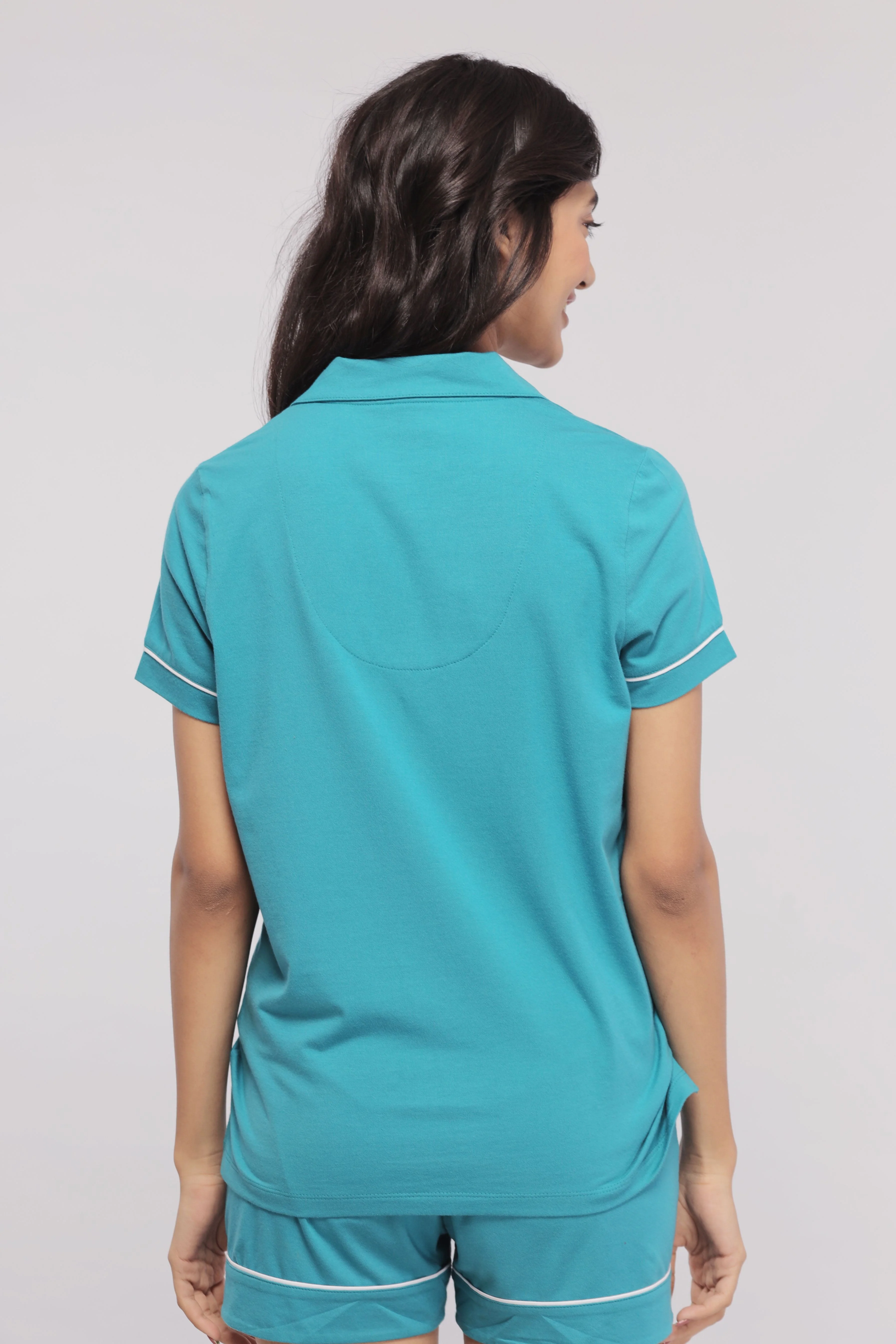 Teal With White Piping Shorts Set - Image 6