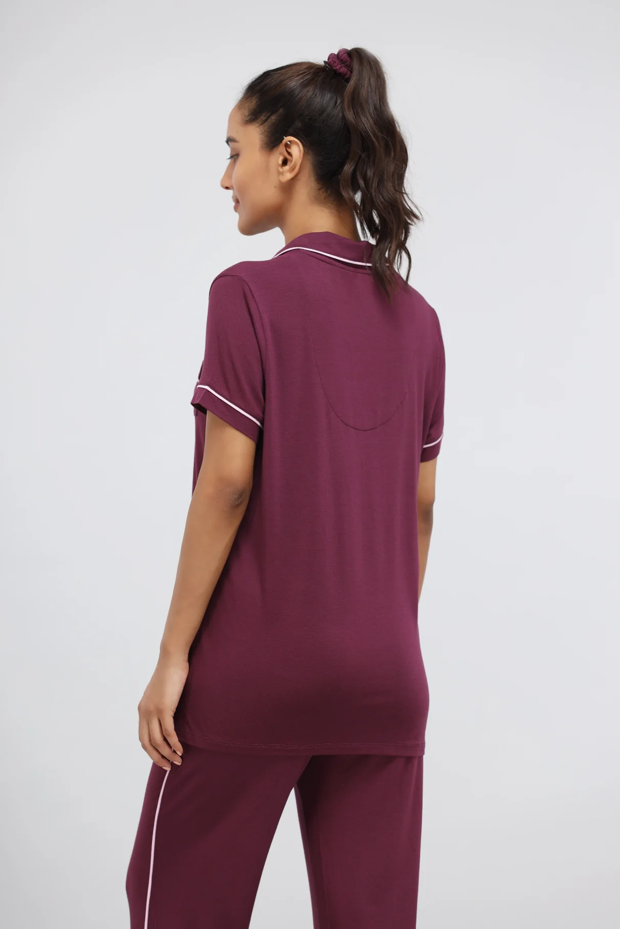 Wine Button Down Piping Modal Pajama Set - Image 5