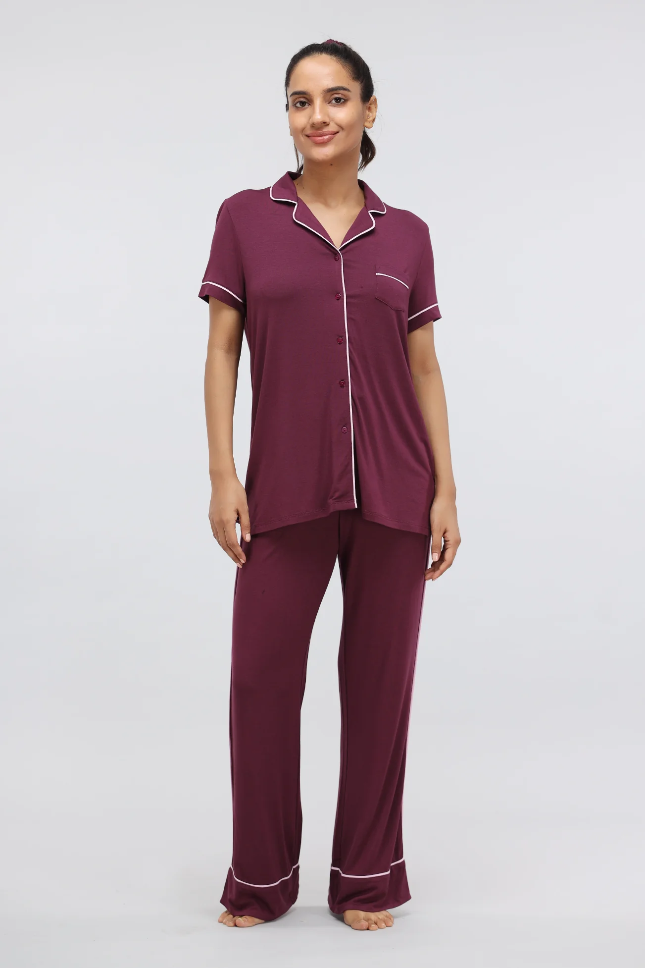Wine Modal Piping Half Sleeve Top - Image 5