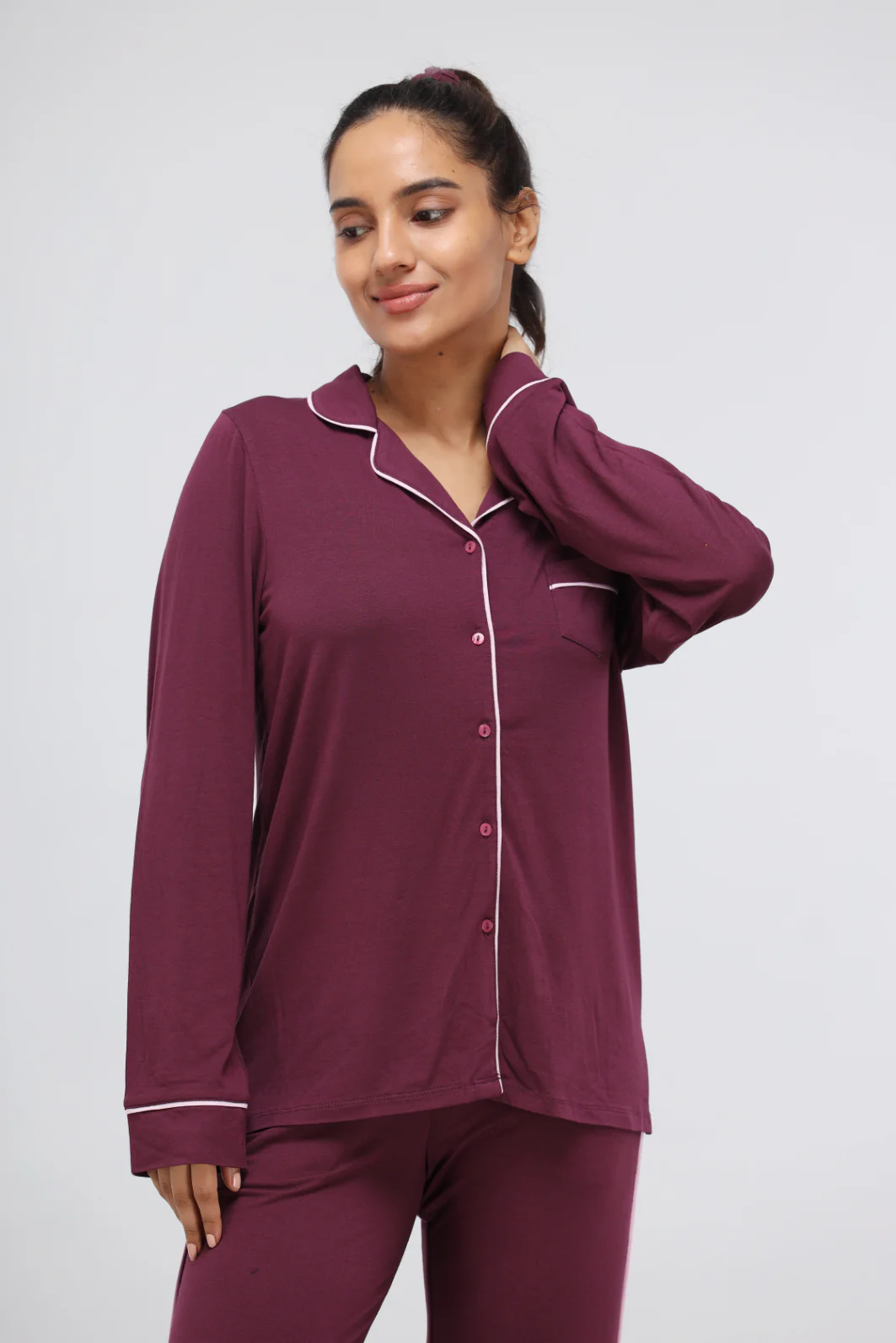 Wine Piping Full Sleeve Piping Modal Pajama Set - Image 10