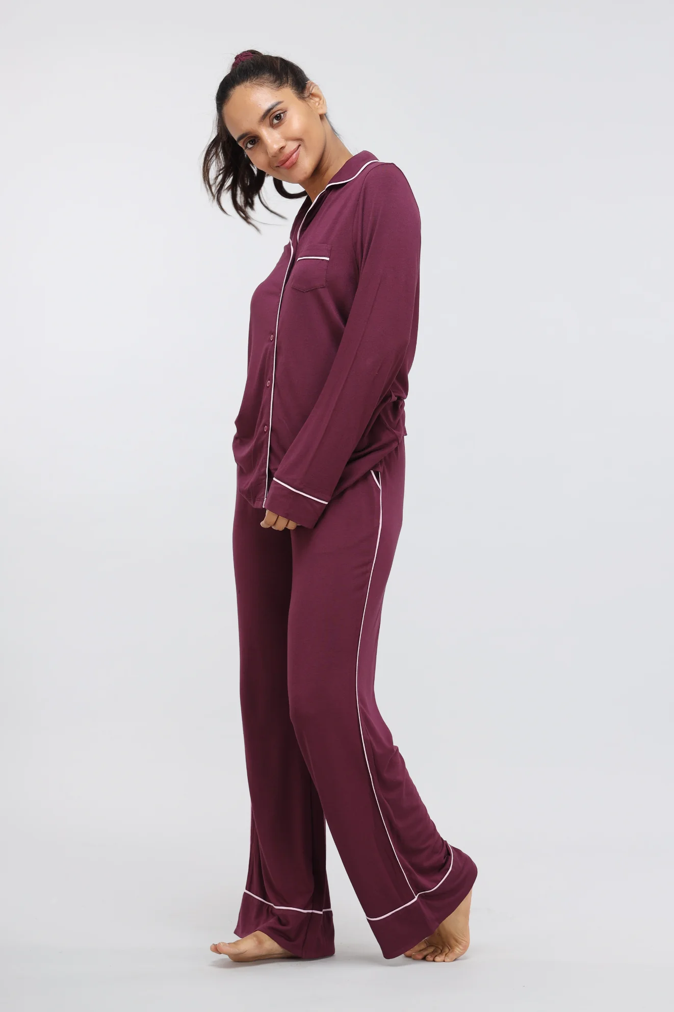Wine Piping Full Sleeve Piping Modal Pajama Set - Image 3