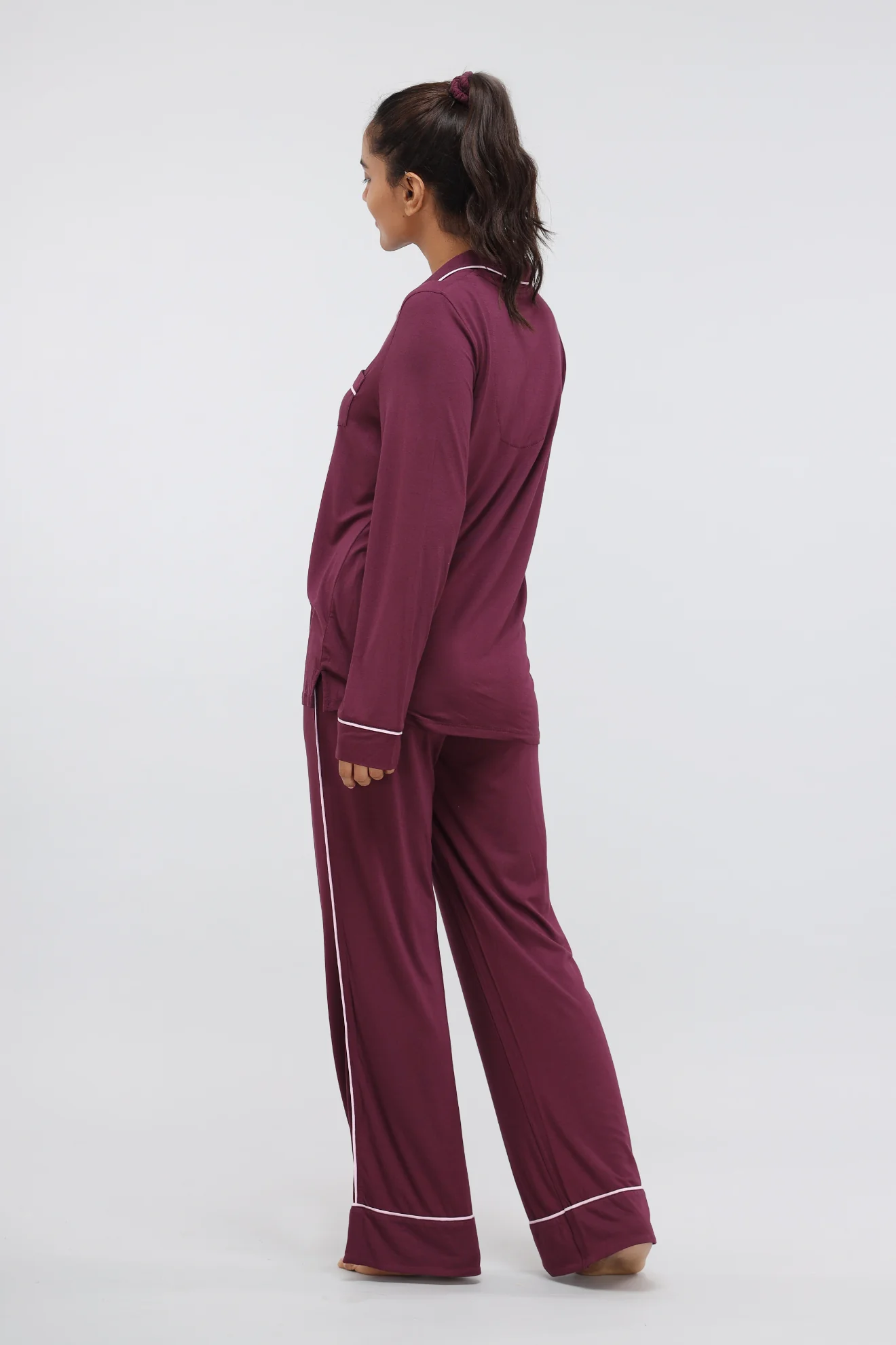 Wine Piping Full Sleeve Piping Modal Pajama Set - Image 4