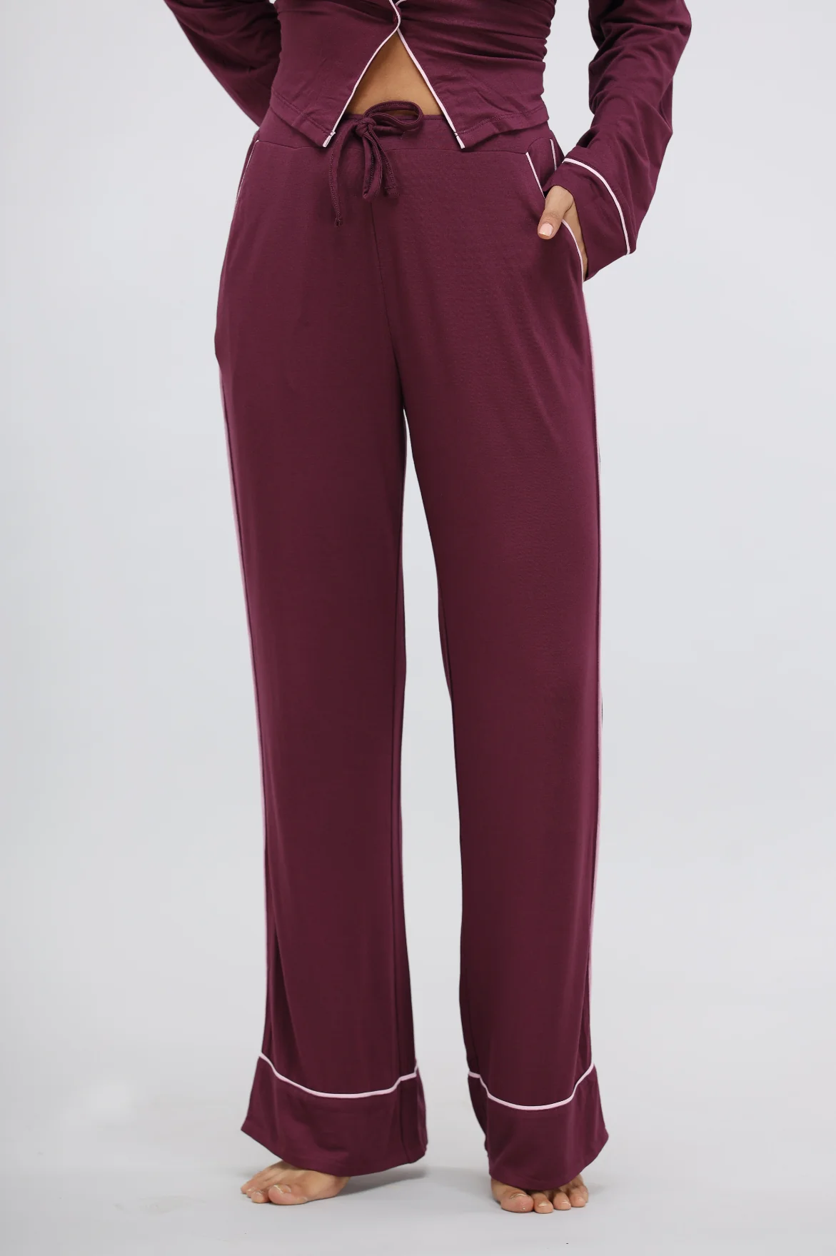 Wine Piping Full Sleeve Piping Modal Pajama Set - Image 7