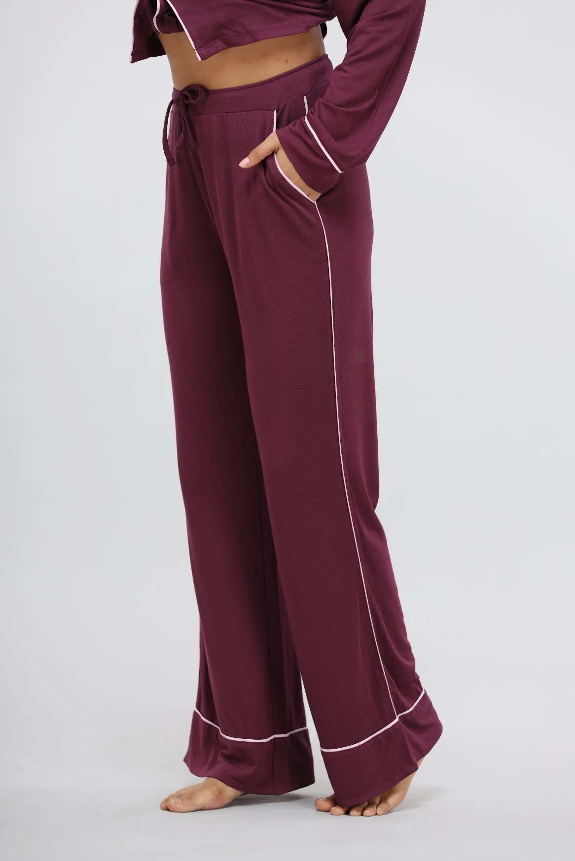 Wine Piping Full Sleeve Piping Modal Pajama Set - Image 8