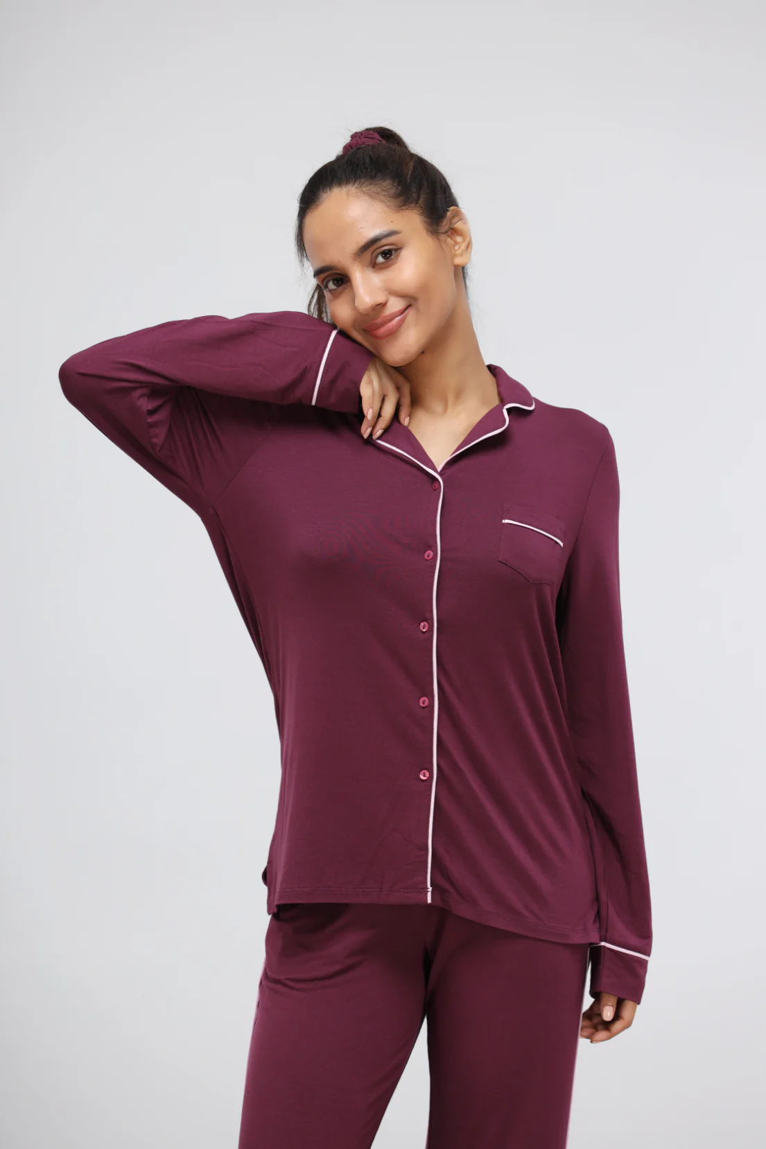 Wine Piping Full Sleeve Piping Modal Pajama Set - Image 9