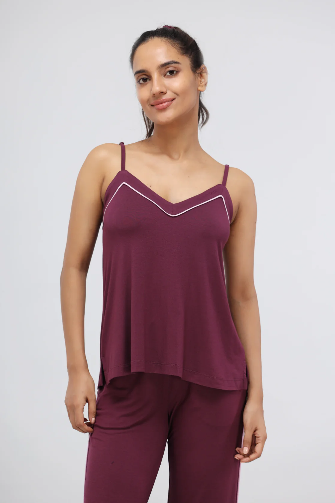 Wine Piping Modal Pajama Set with Tank Top - Image 3